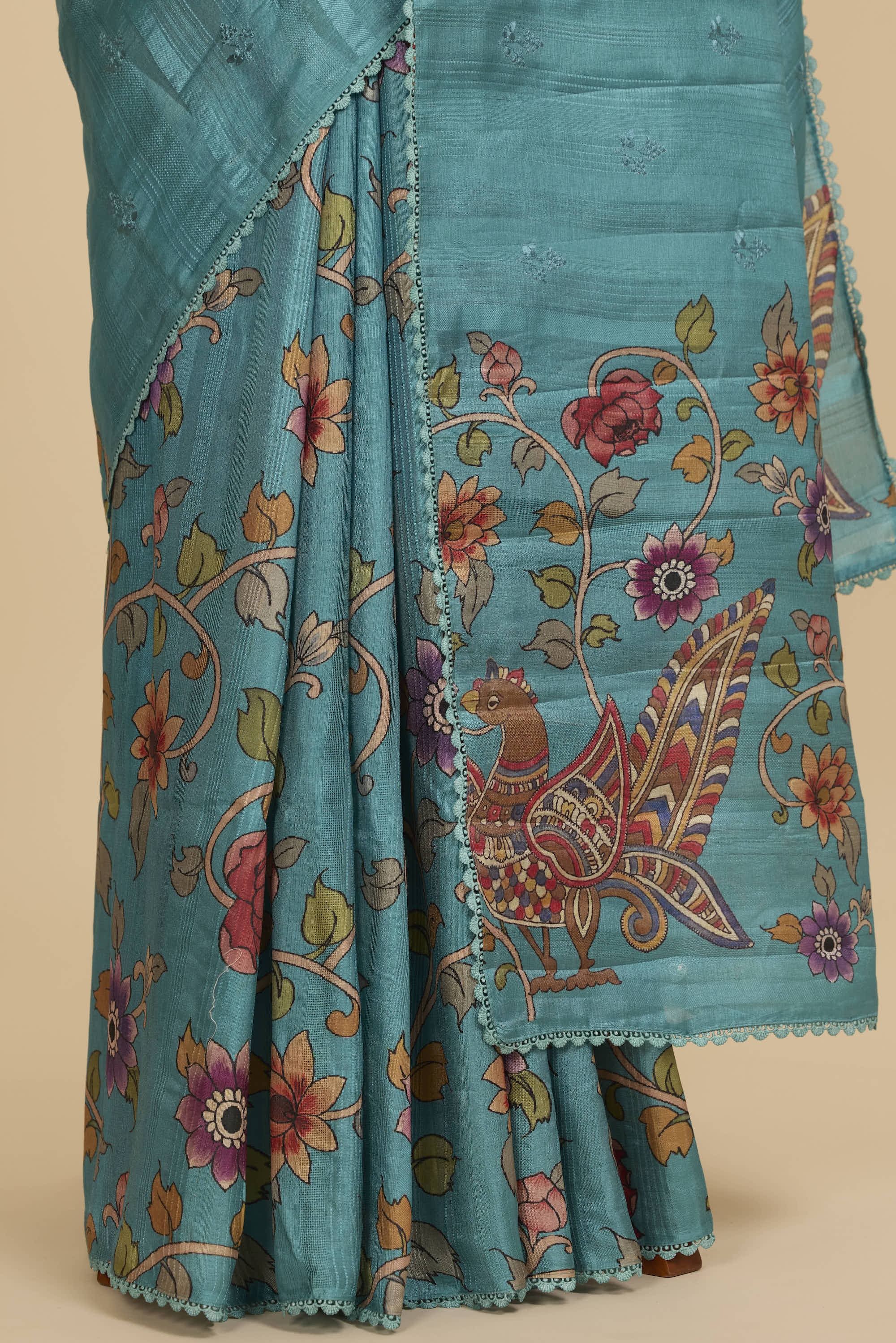 Kalamkari Dola Silk Turquoise Cream Colour With Crochet Border