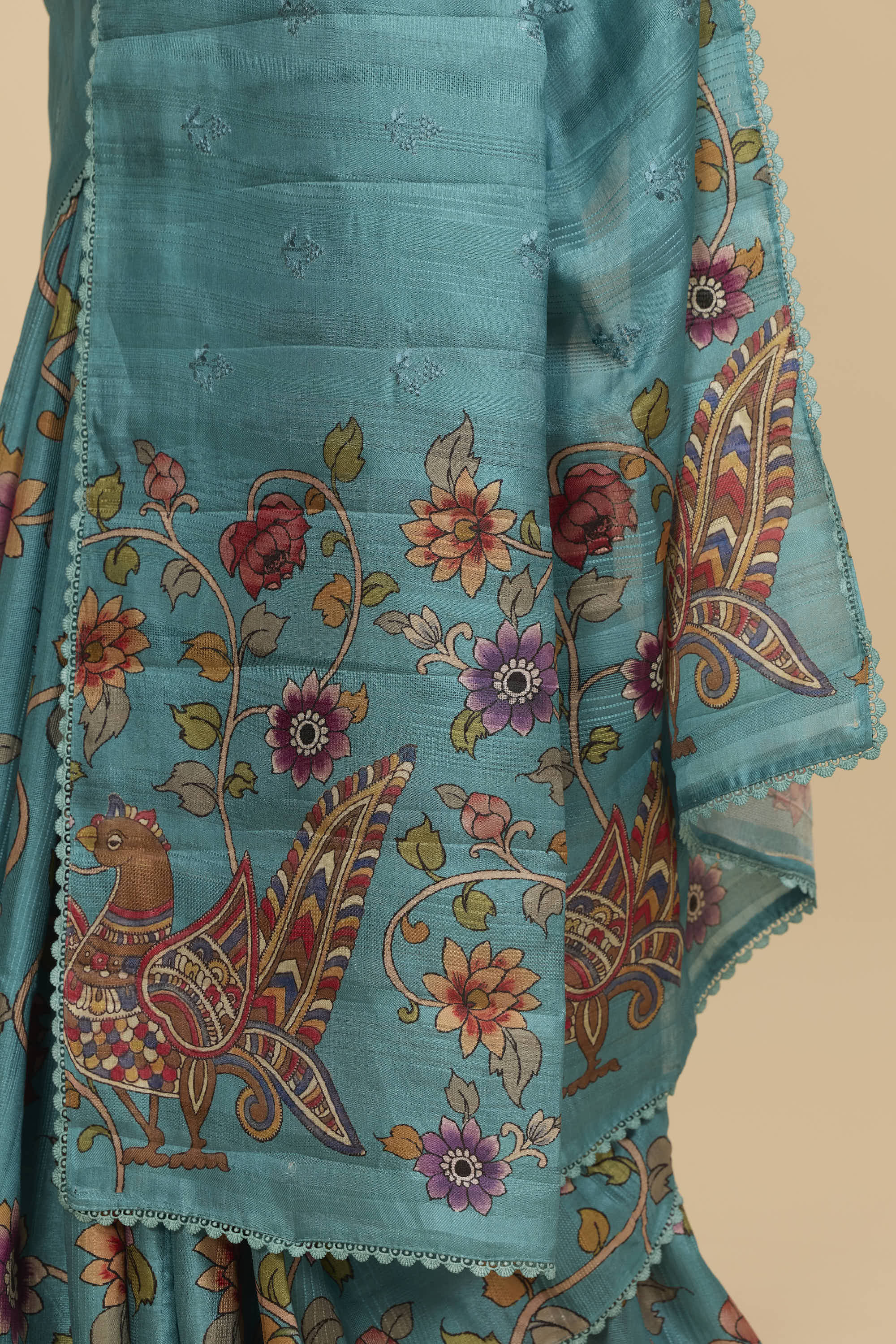 Kalamkari Dola Silk Turquoise Cream Colour With Crochet Border