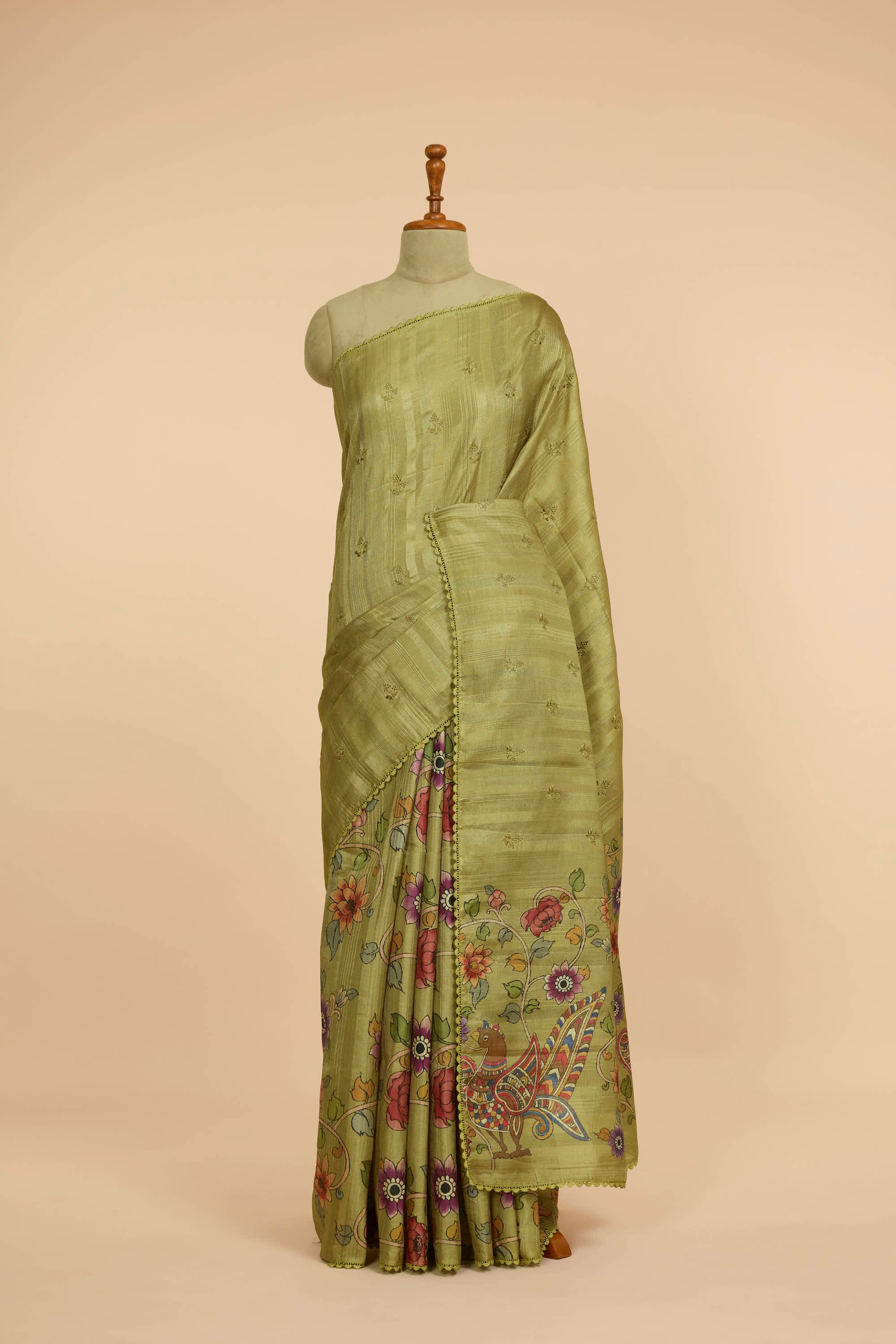 Kalamkari Dola Silk Mehendi Green Colour With Crochet Border