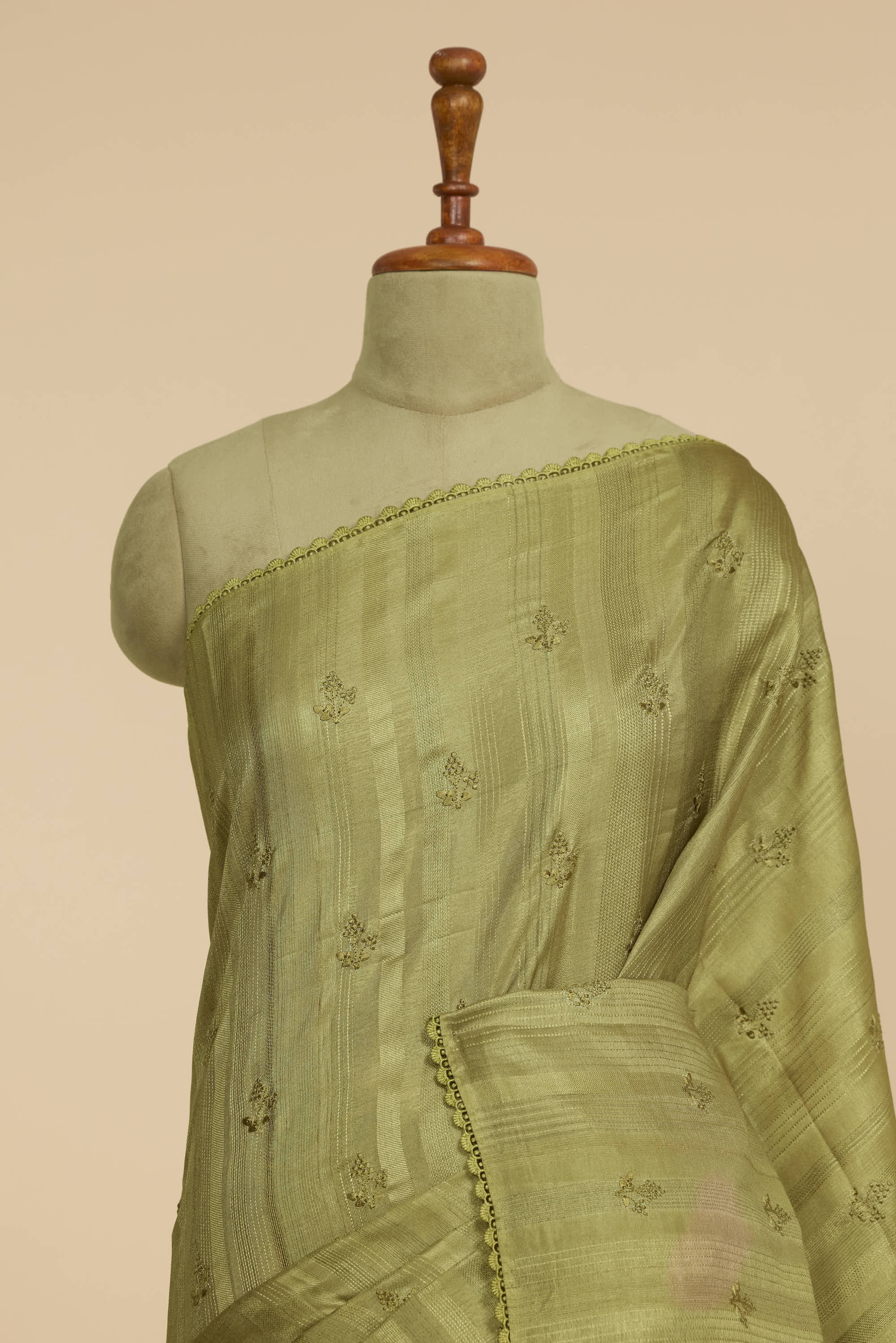 Kalamkari Dola Silk Mehendi Green Colour With Crochet Border