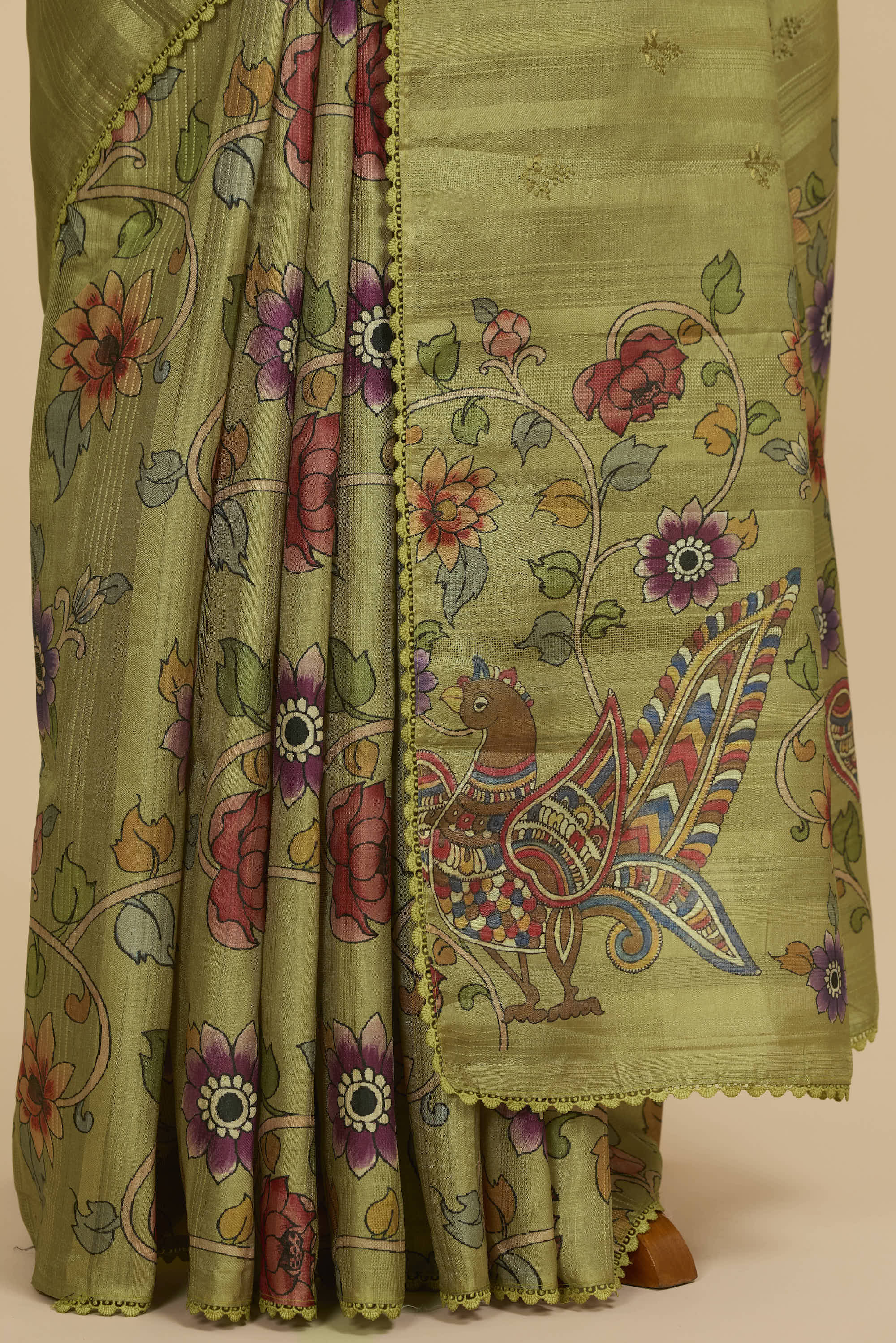 Kalamkari Dola Silk Mehendi Green Colour With Crochet Border