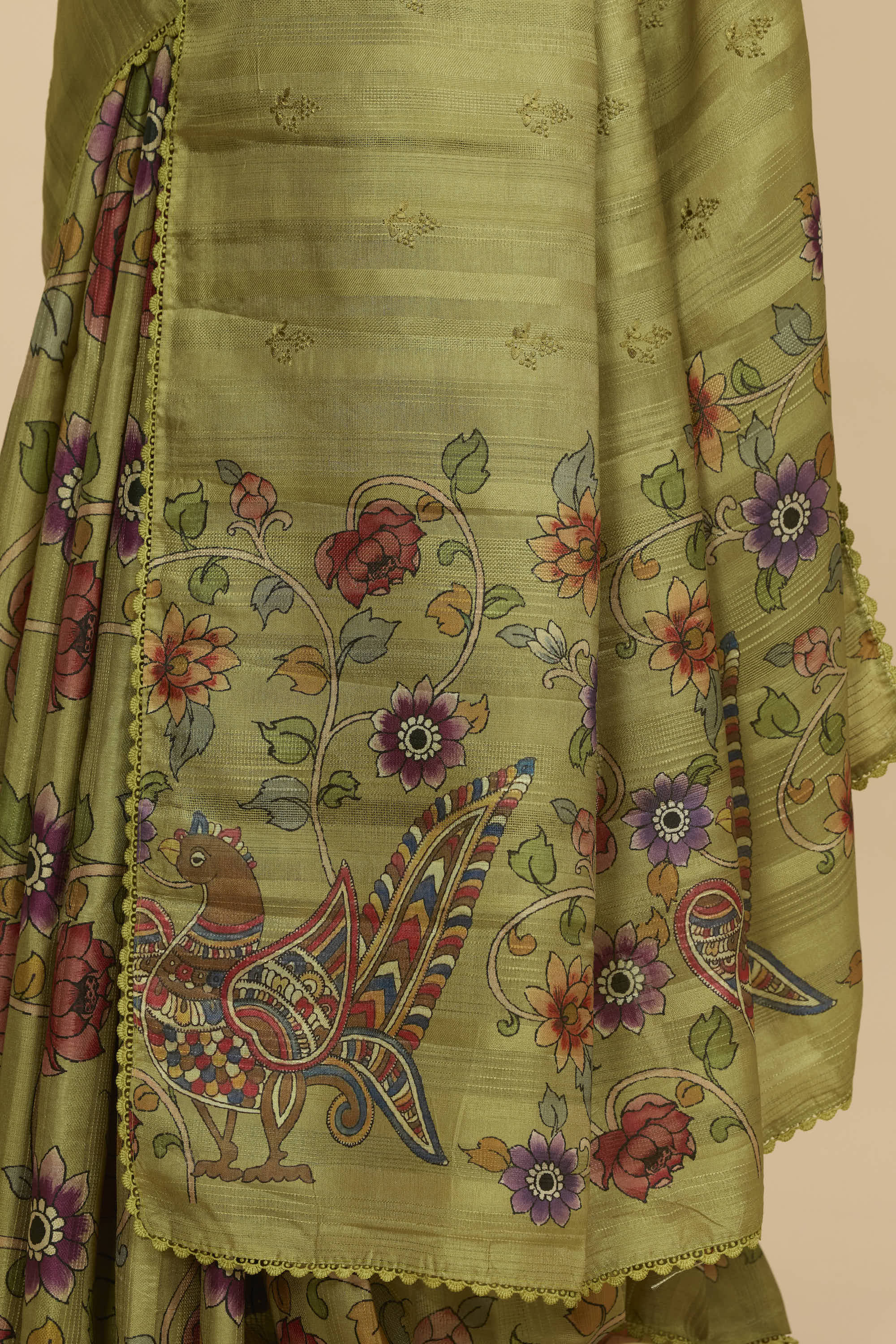 Kalamkari Dola Silk Mehendi Green Colour With Crochet Border