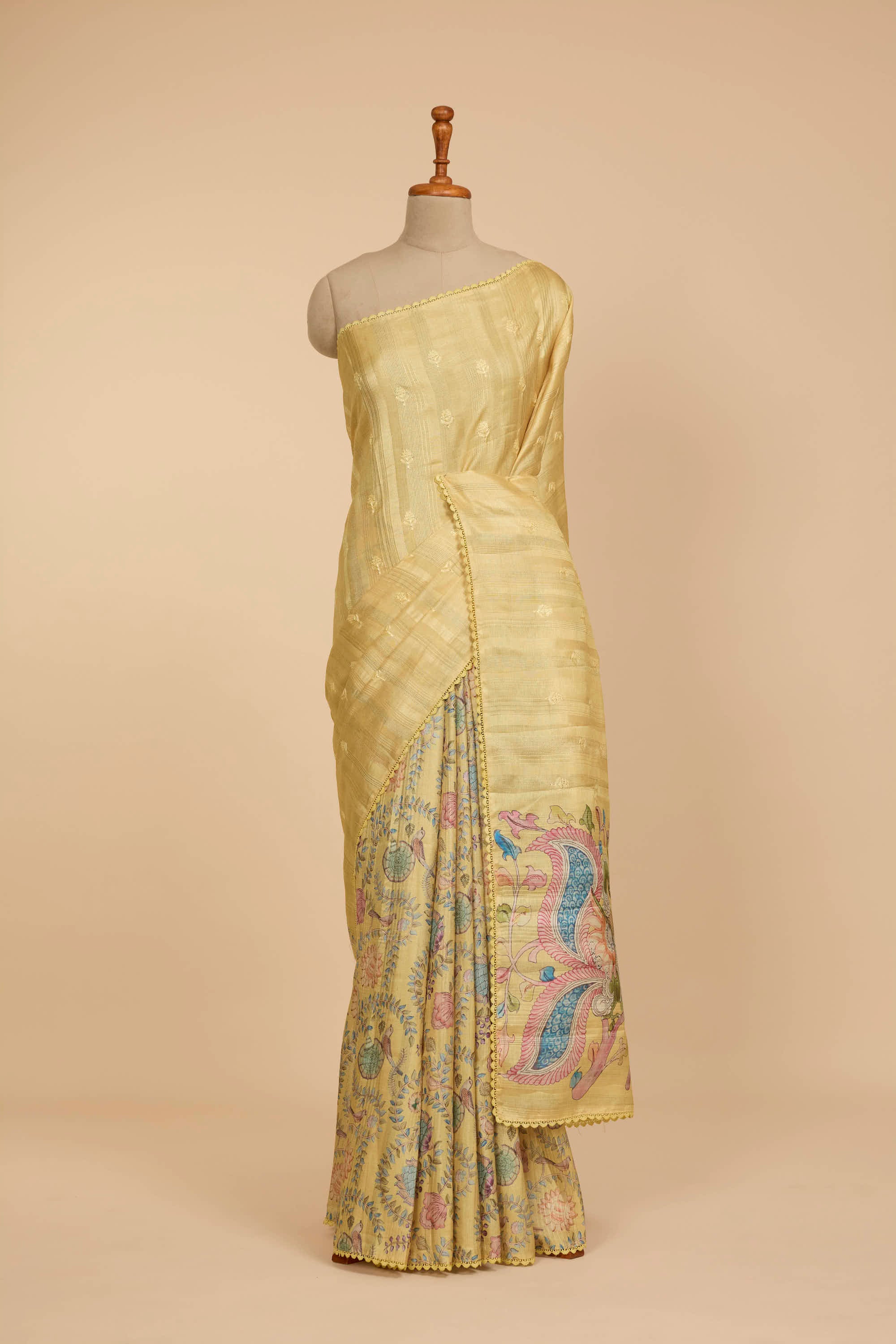 Kalamkari Dola Silk Pastel Yellow Colour With Crochet Border