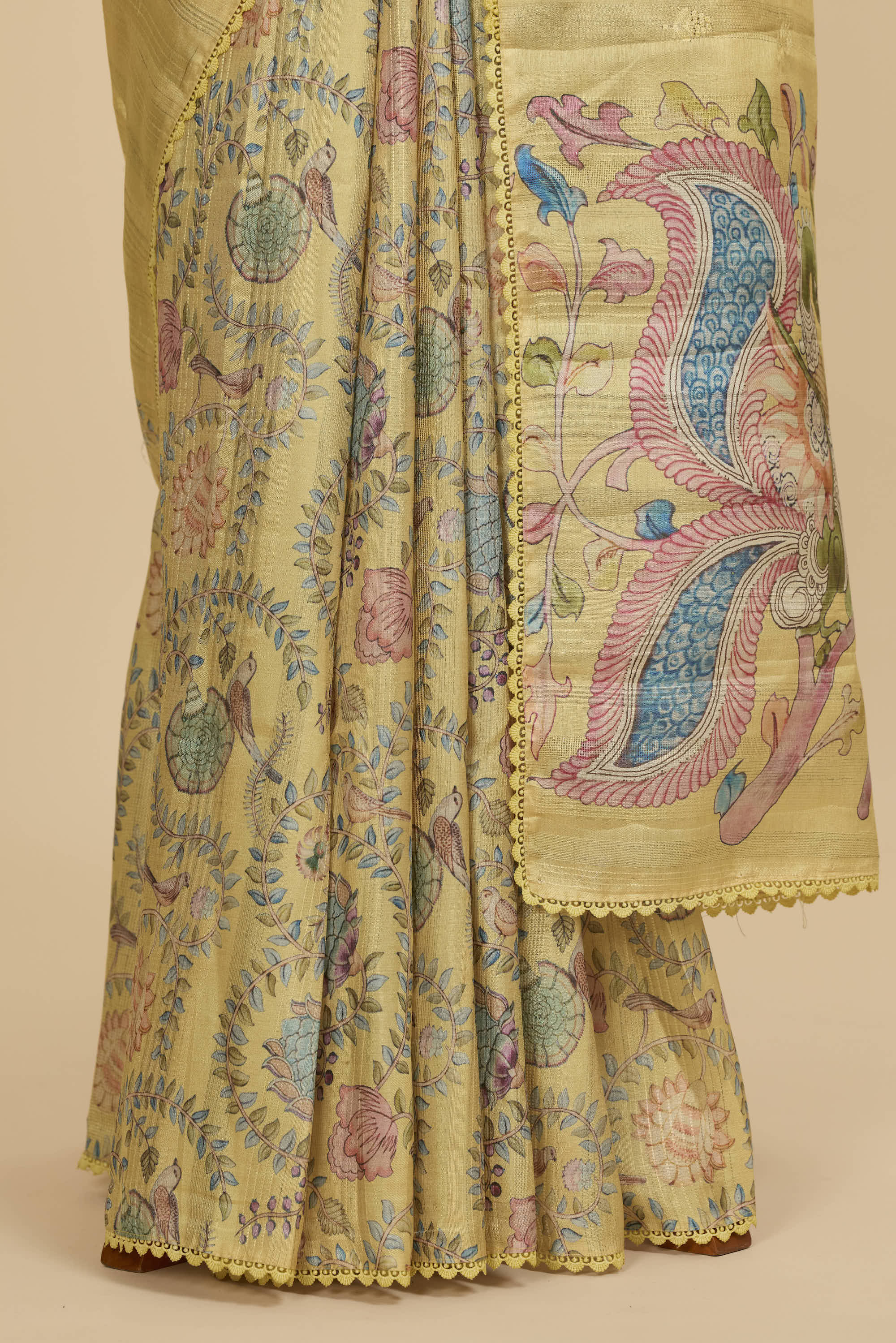 Kalamkari Dola Silk Pastel Yellow Colour With Crochet Border