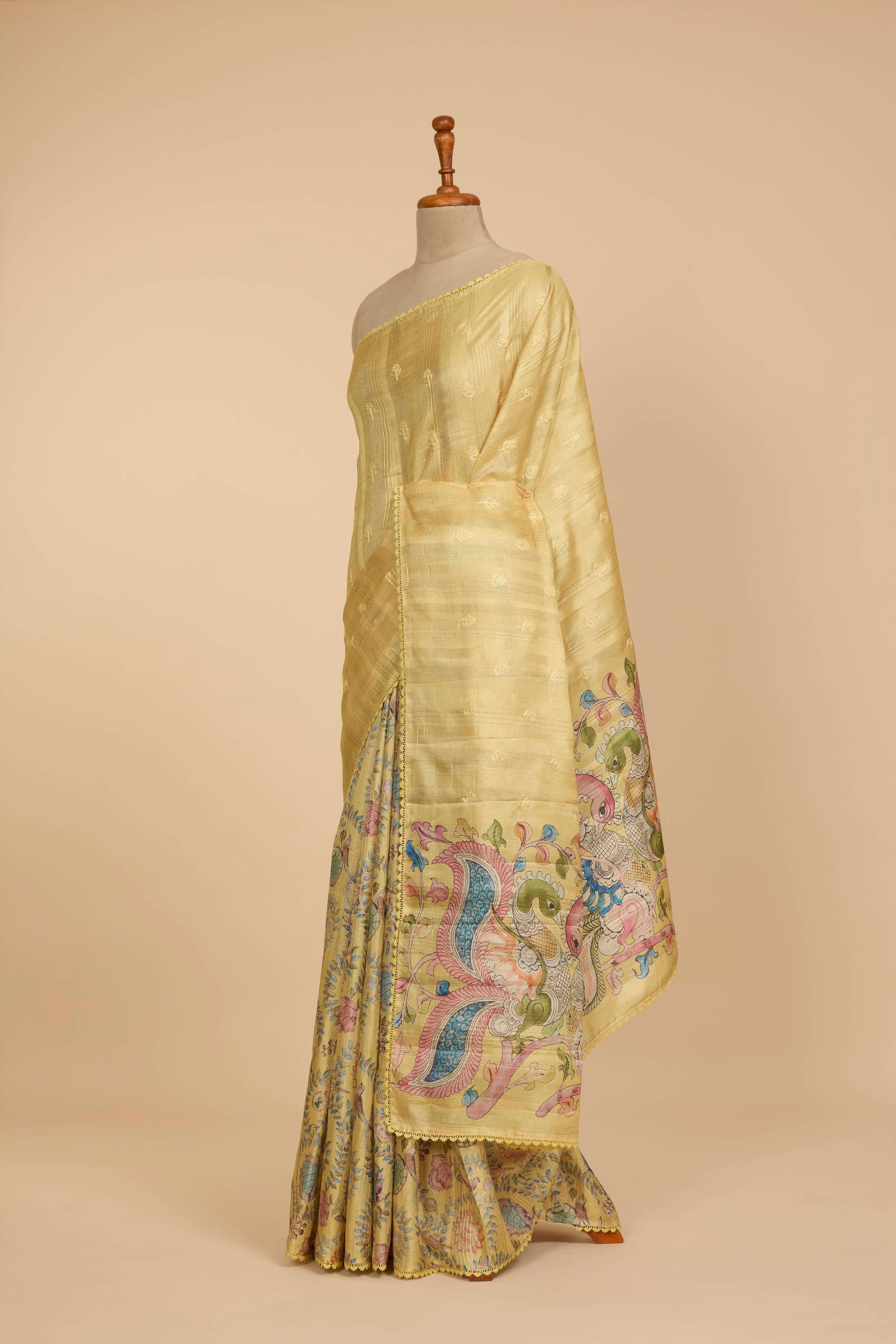 Kalamkari Dola Silk Pastel Yellow Colour With Crochet Border