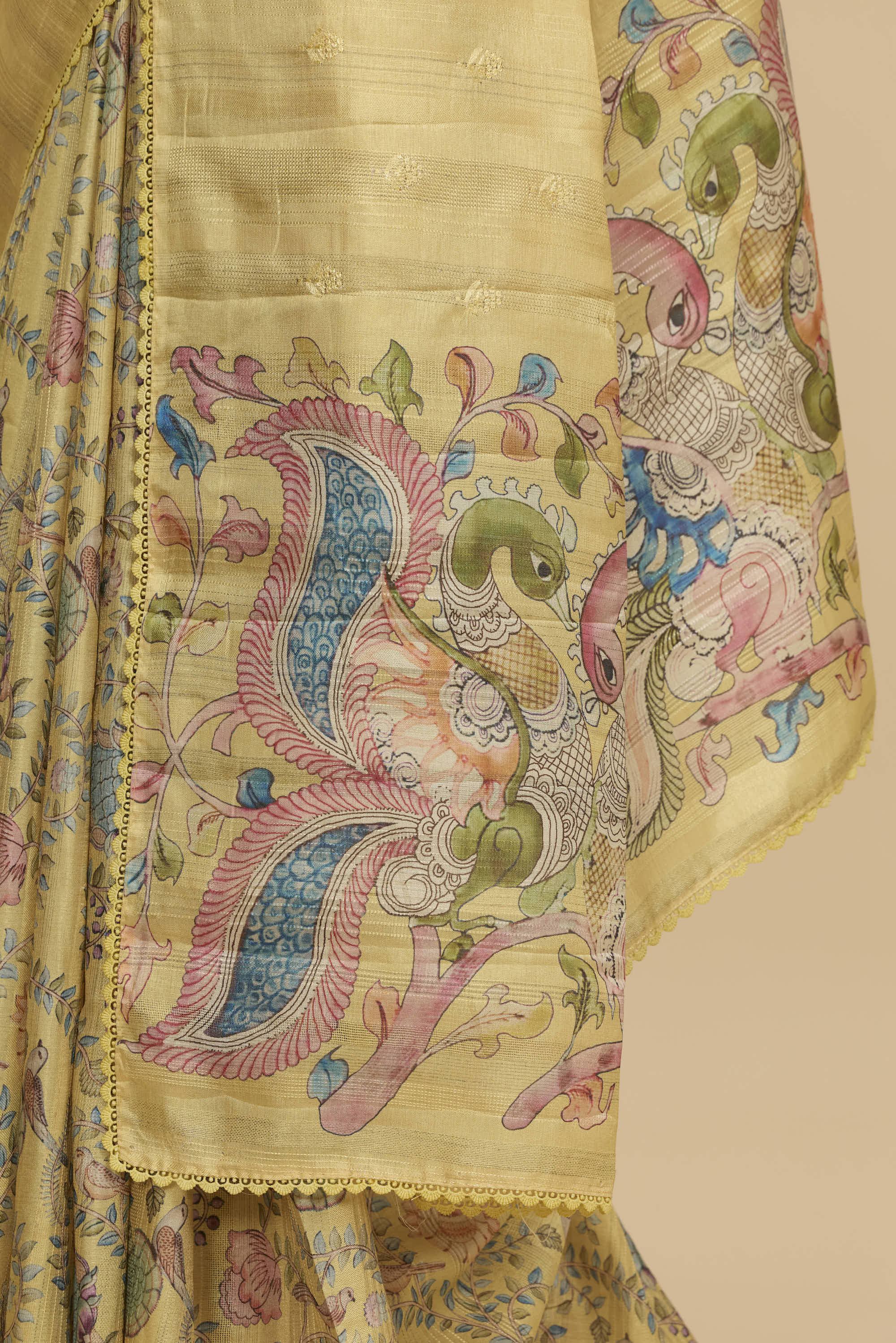 Kalamkari Dola Silk Pastel Yellow Colour With Crochet Border