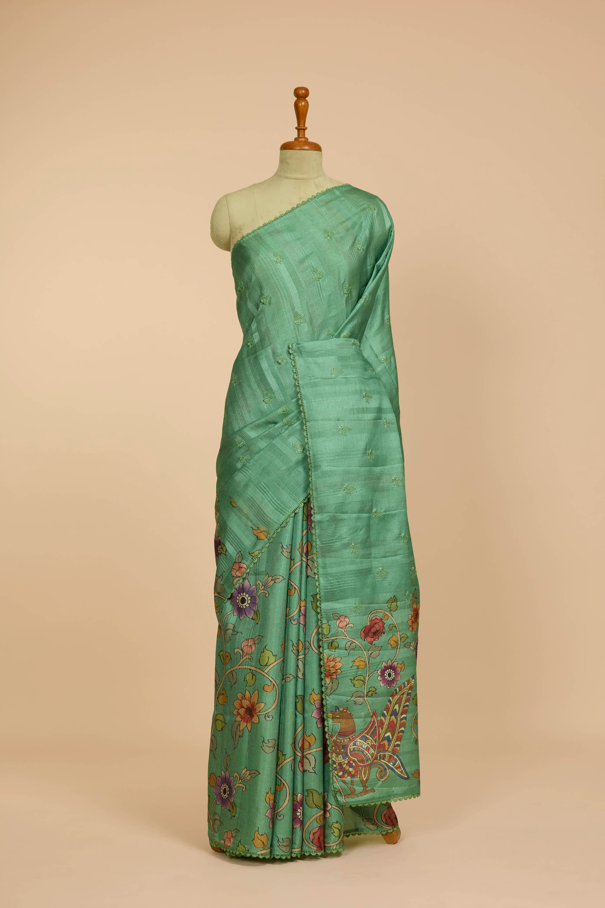 Kalamkari Dola Silk Sea Green Colour With Crochet Border