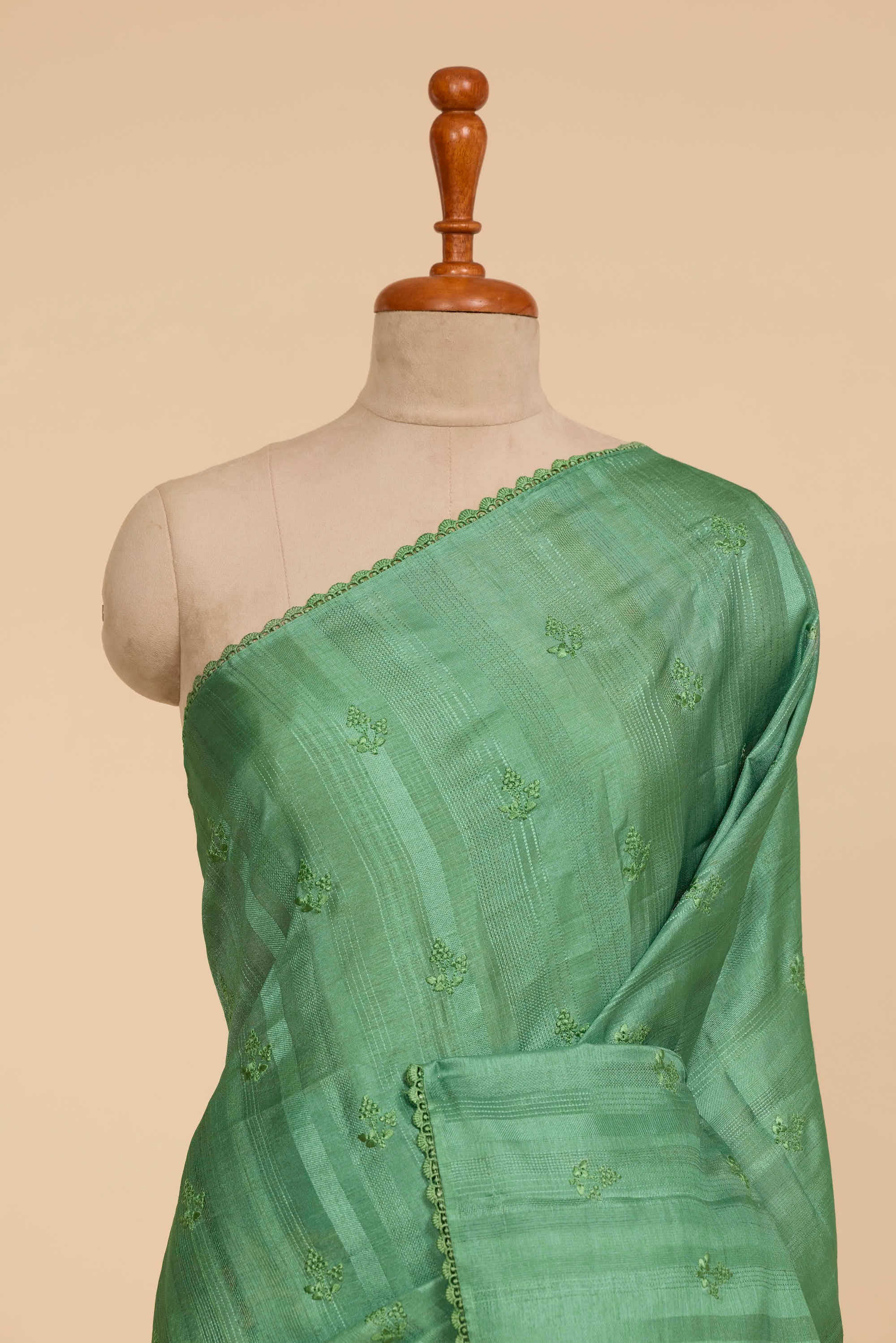 Kalamkari Dola Silk Sea Green Colour With Crochet Border