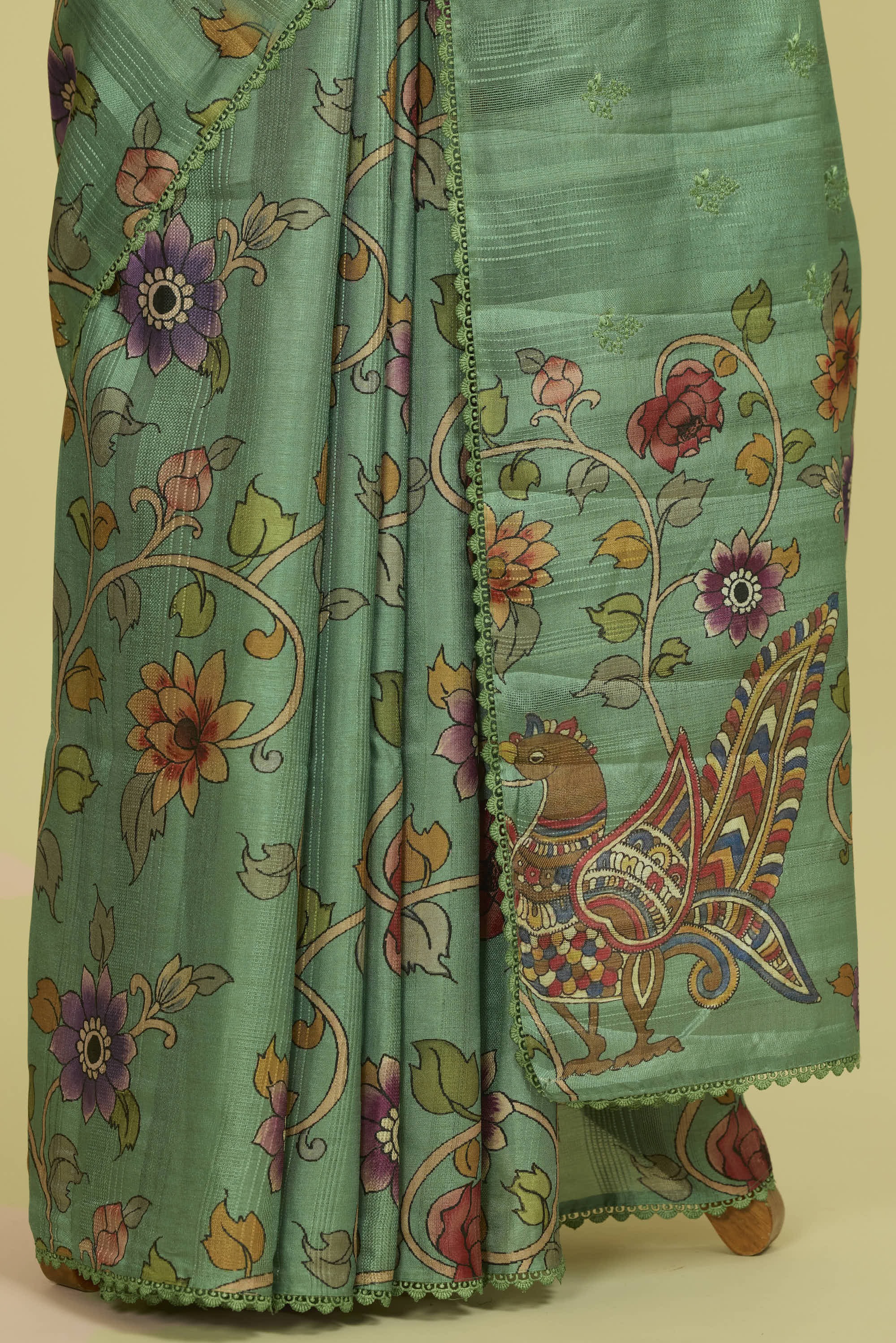 Kalamkari Dola Silk Sea Green Colour With Crochet Border