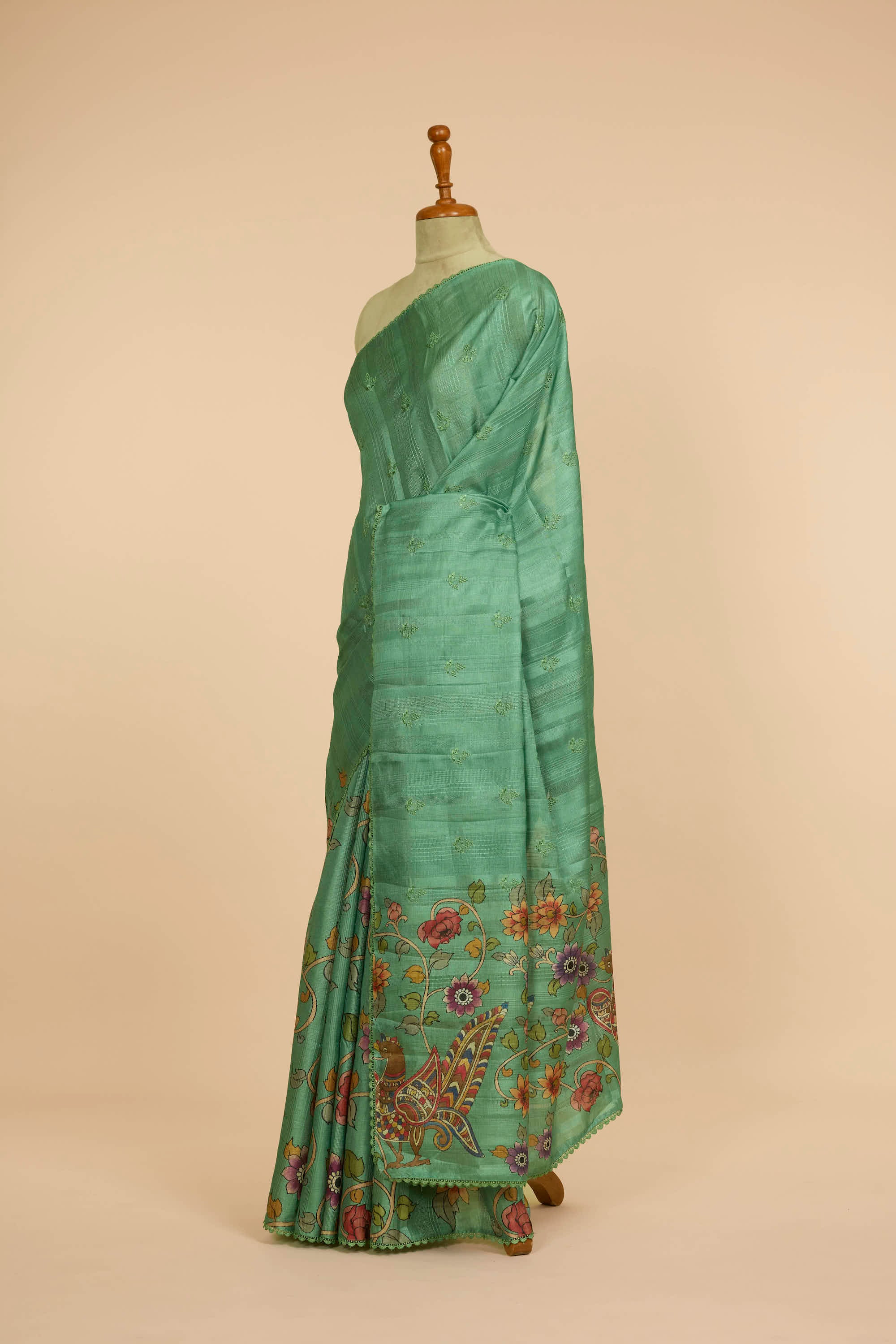 Kalamkari Dola Silk Sea Green Colour With Crochet Border