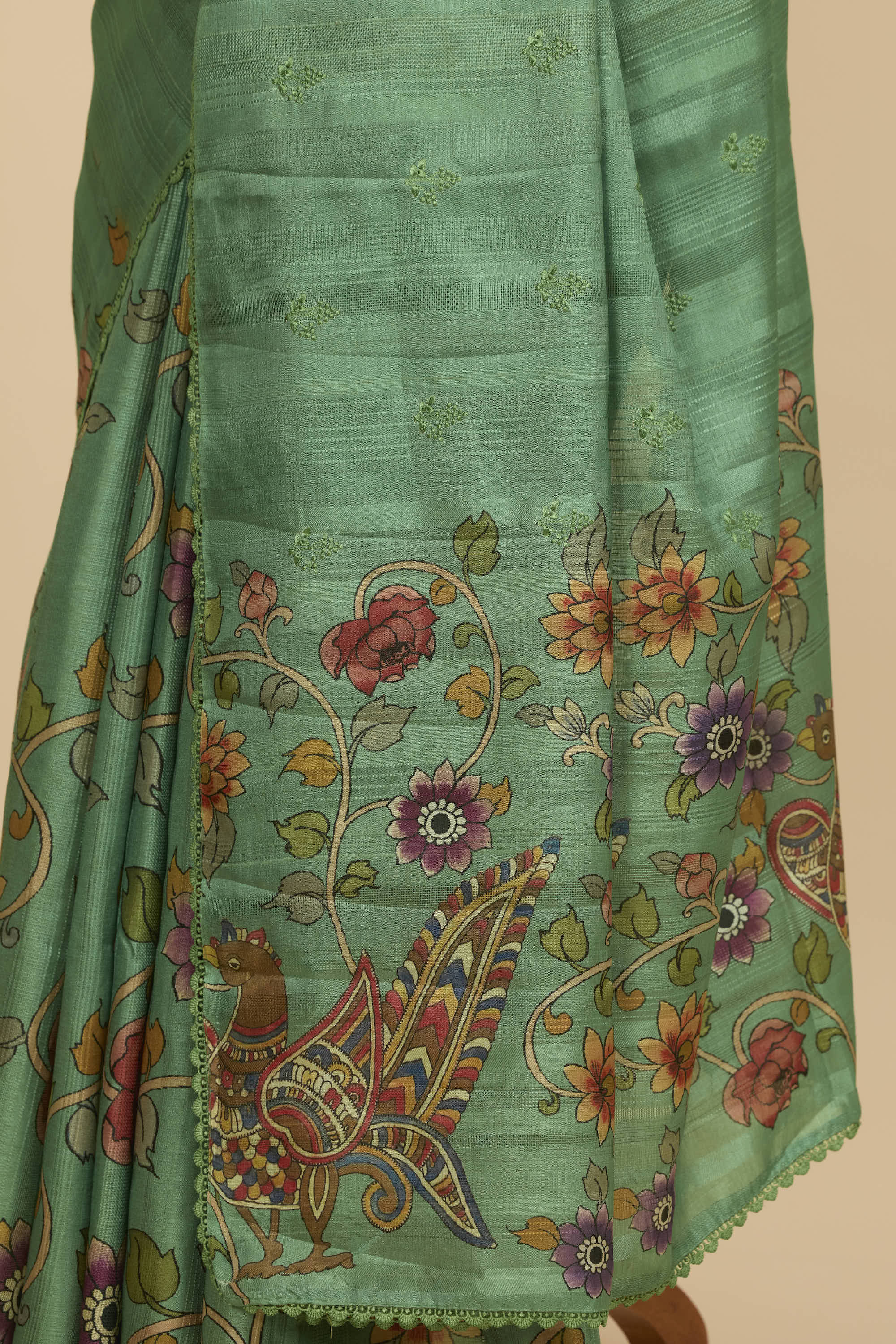 Kalamkari Dola Silk Sea Green Colour With Crochet Border