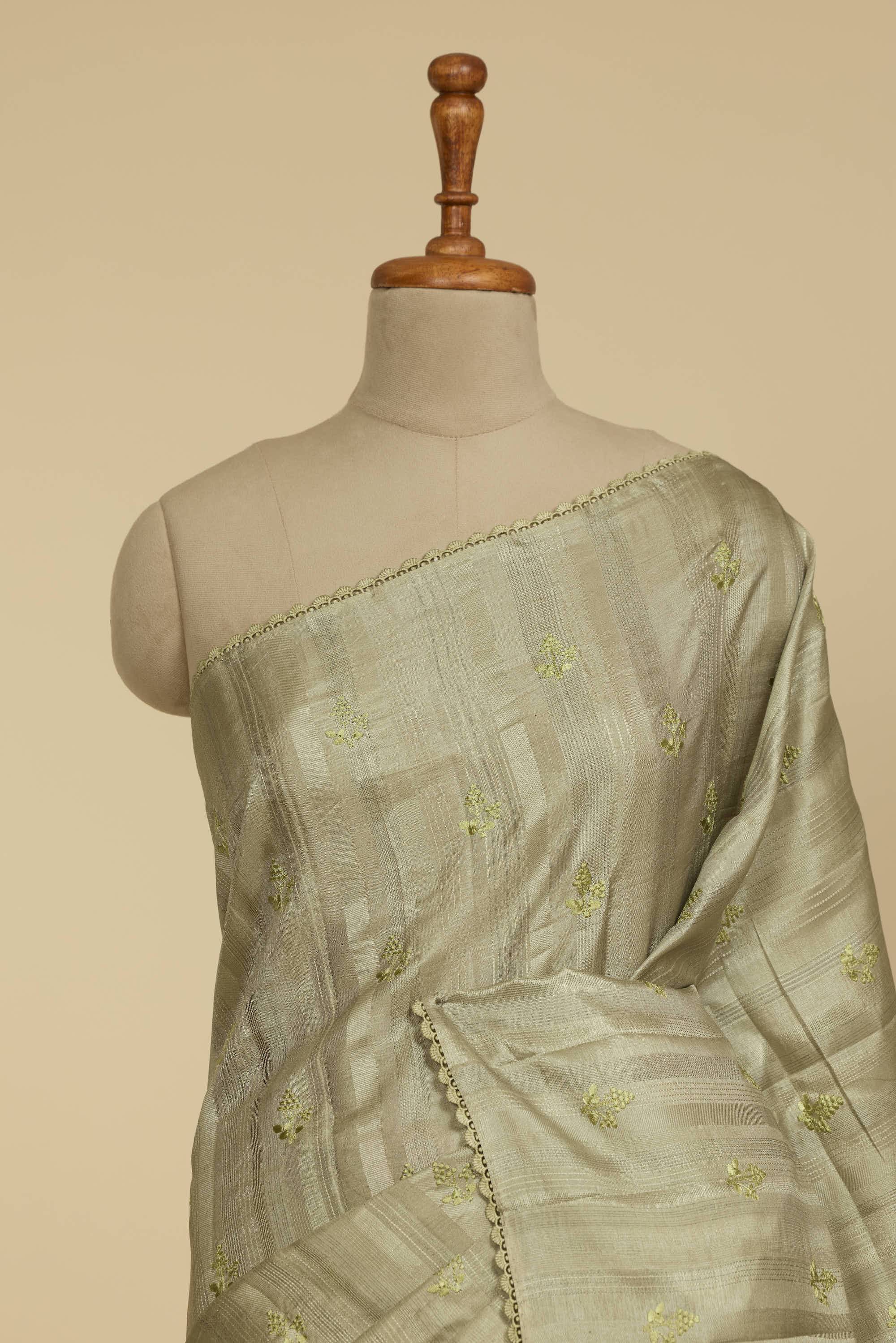 Kalamkari Dola Silk Sage Green Colour With Crochet Border