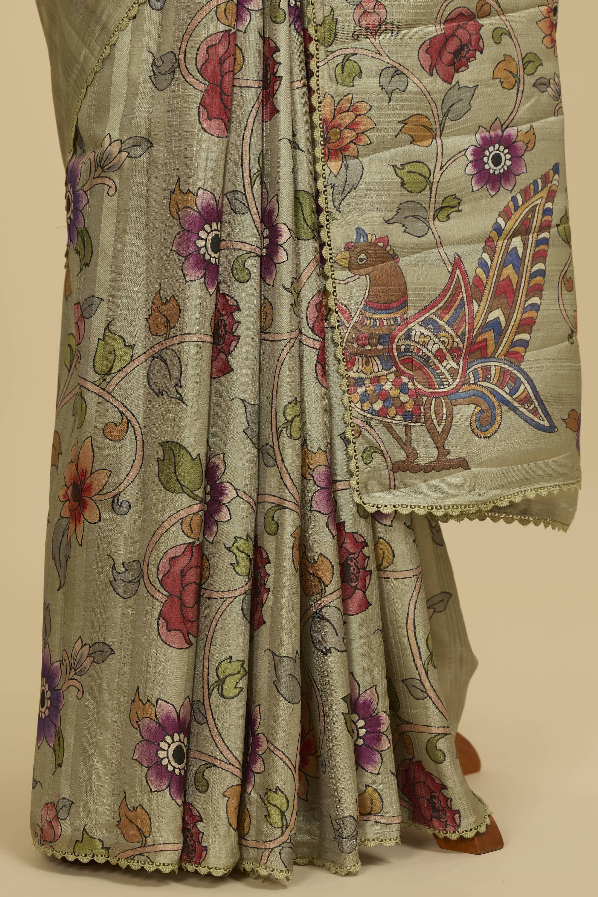 Kalamkari Dola Silk Sage Green Colour With Crochet Border