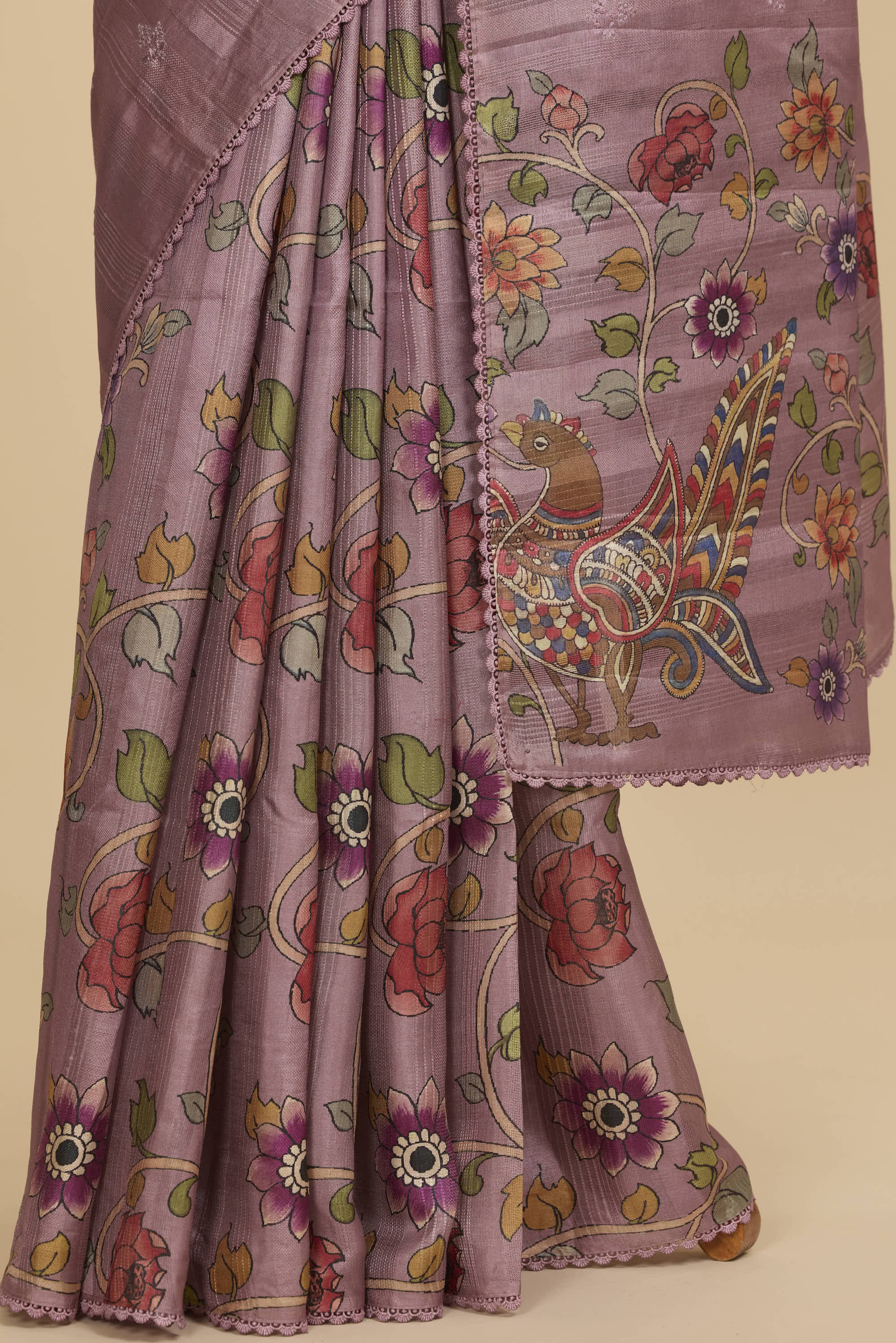 Kalamkari Dola Silk Lilac Colour With Crochet Border