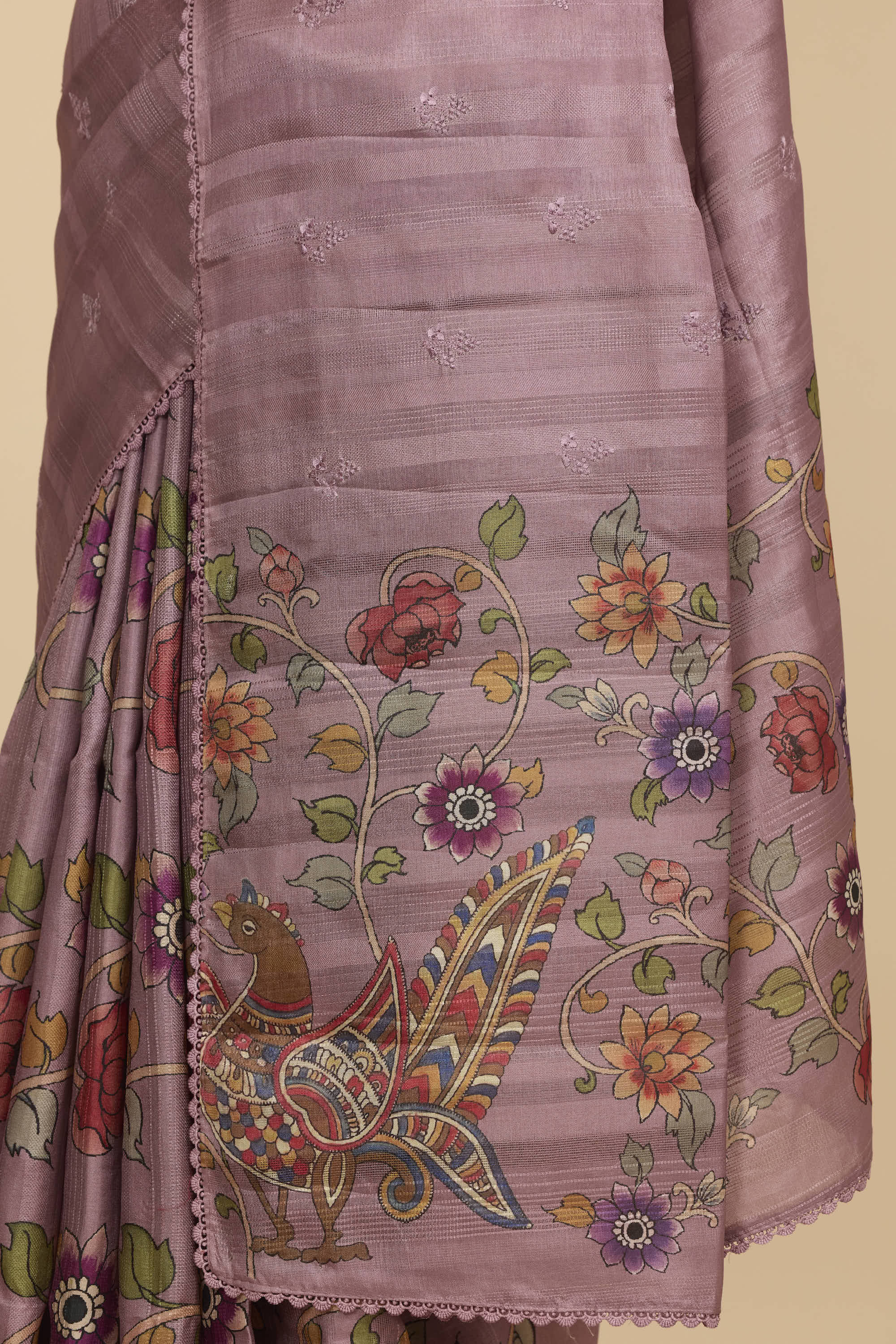 Kalamkari Dola Silk Lilac Colour With Crochet Border