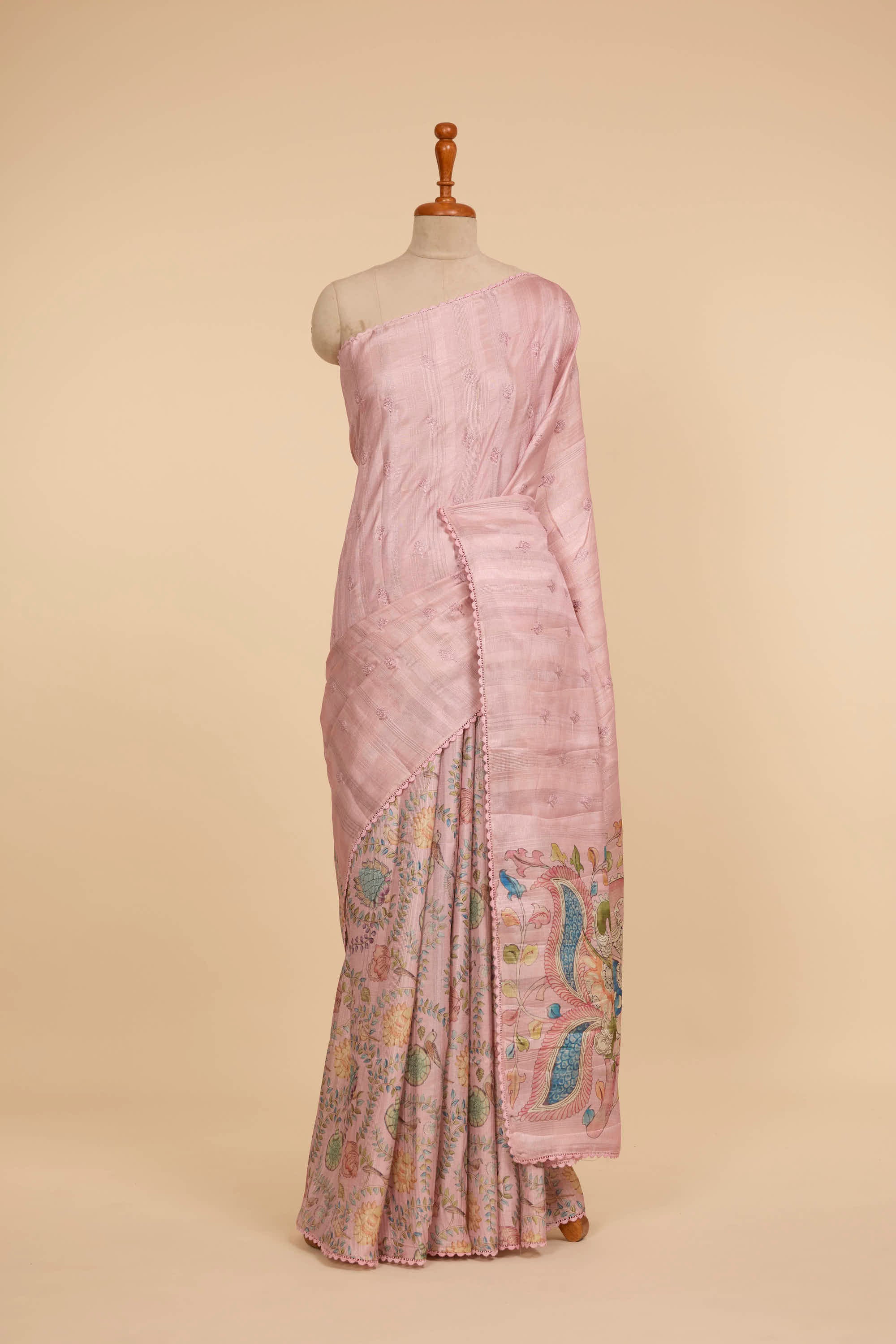 Kalamkari Dola Silk Powder Pink Colour With Crochet Border