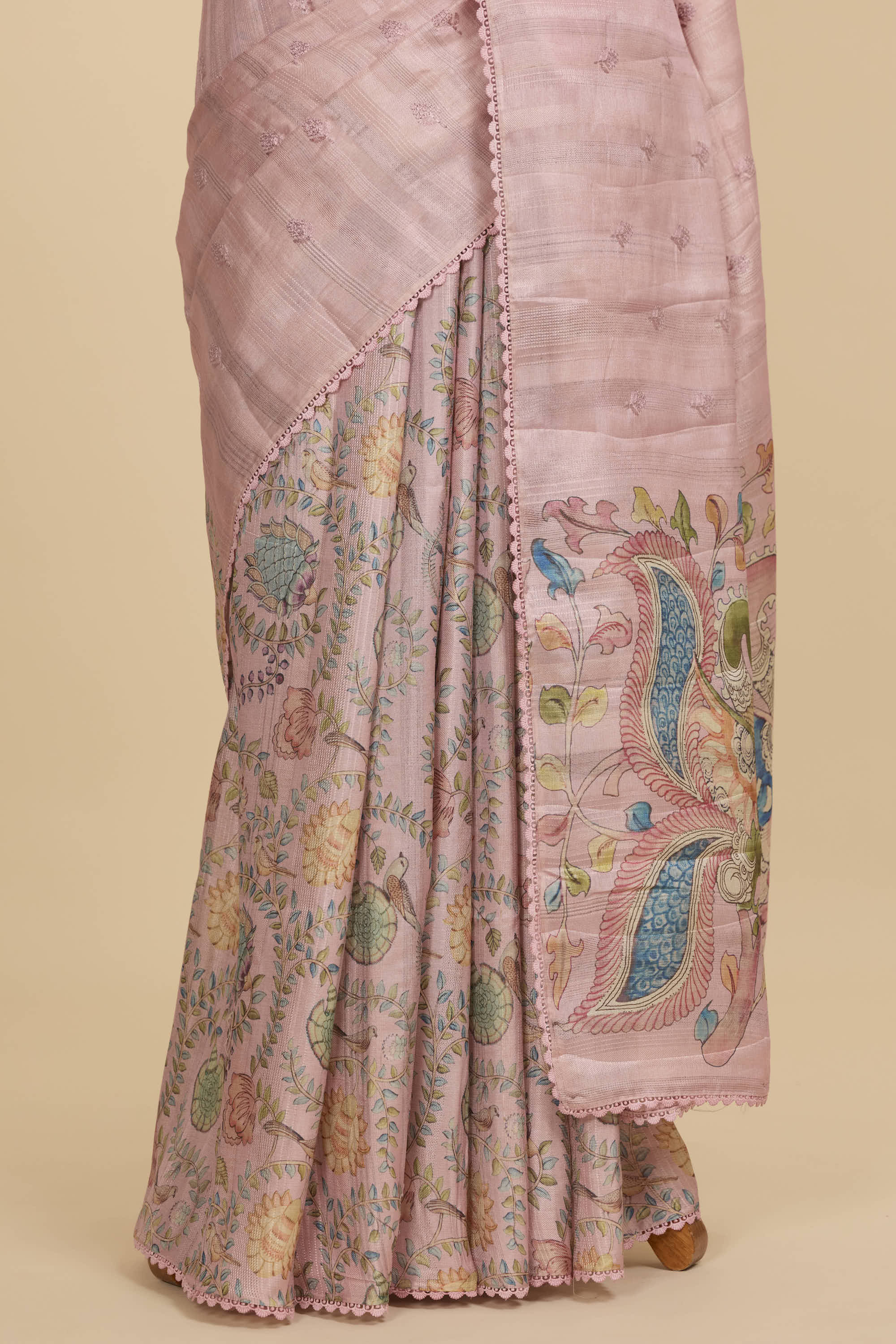 Kalamkari Dola Silk Powder Pink Colour With Crochet Border