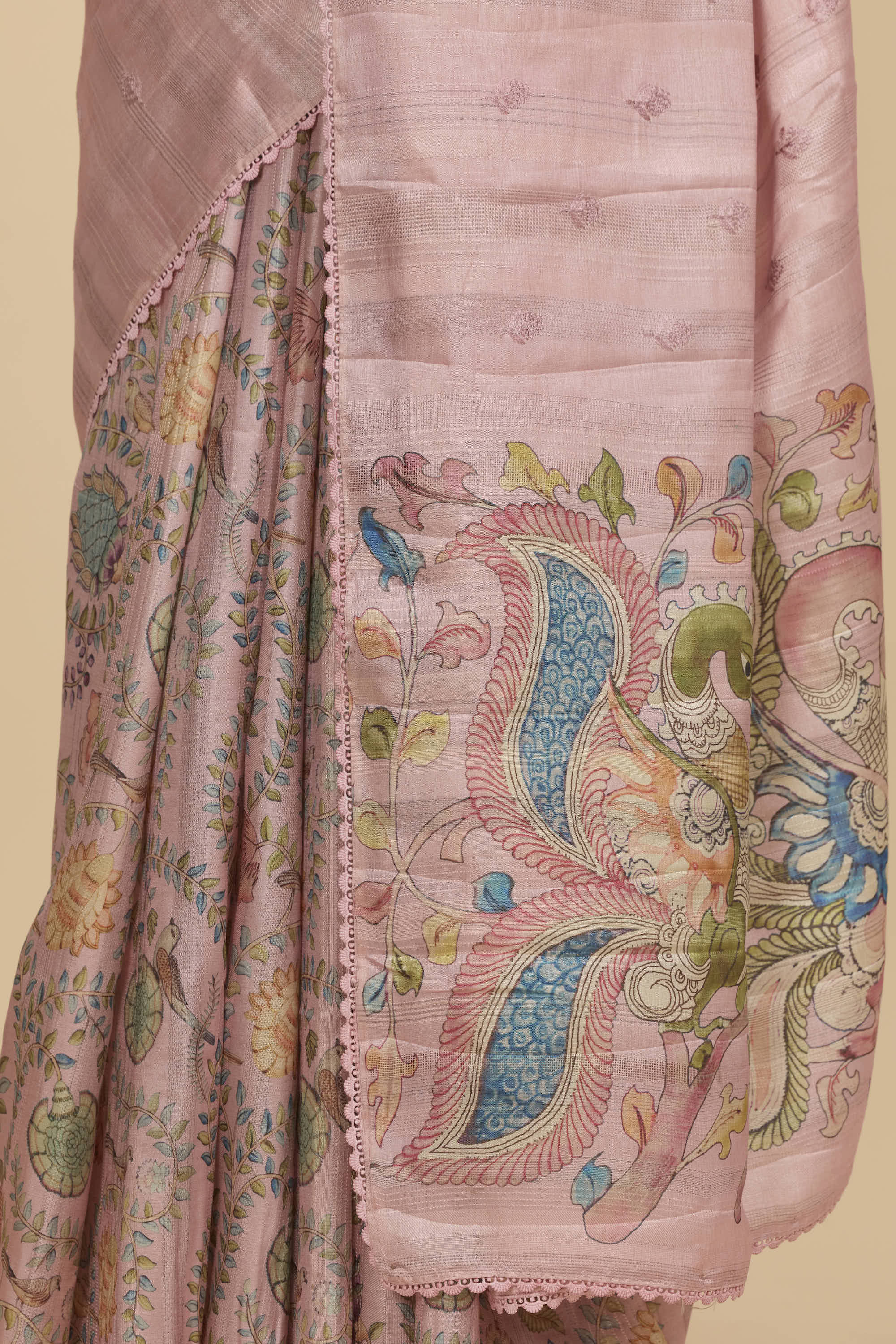 Kalamkari Dola Silk Powder Pink Colour With Crochet Border