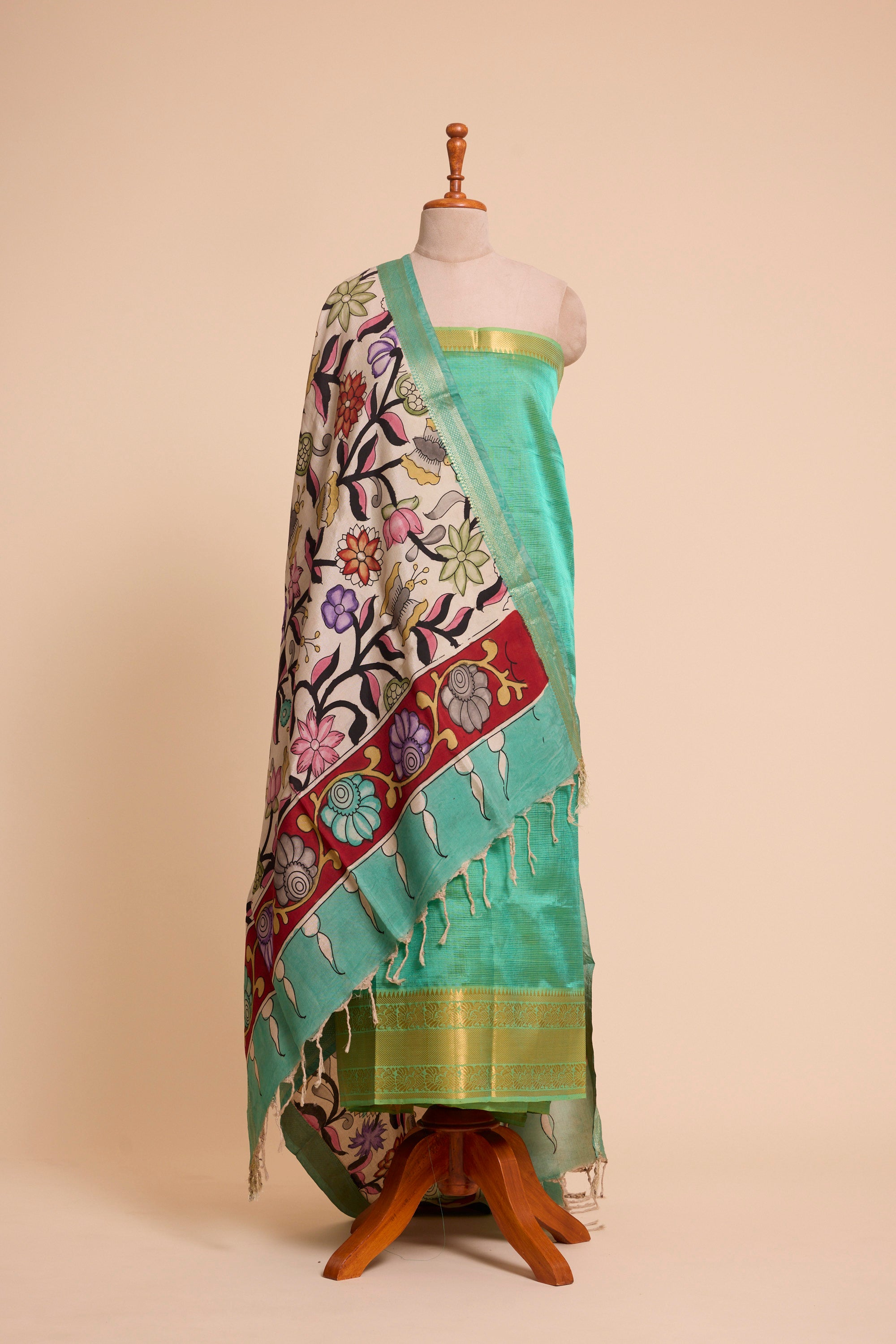 Sea Green Silk Dress Material with Hand Kalamkari Dupatta