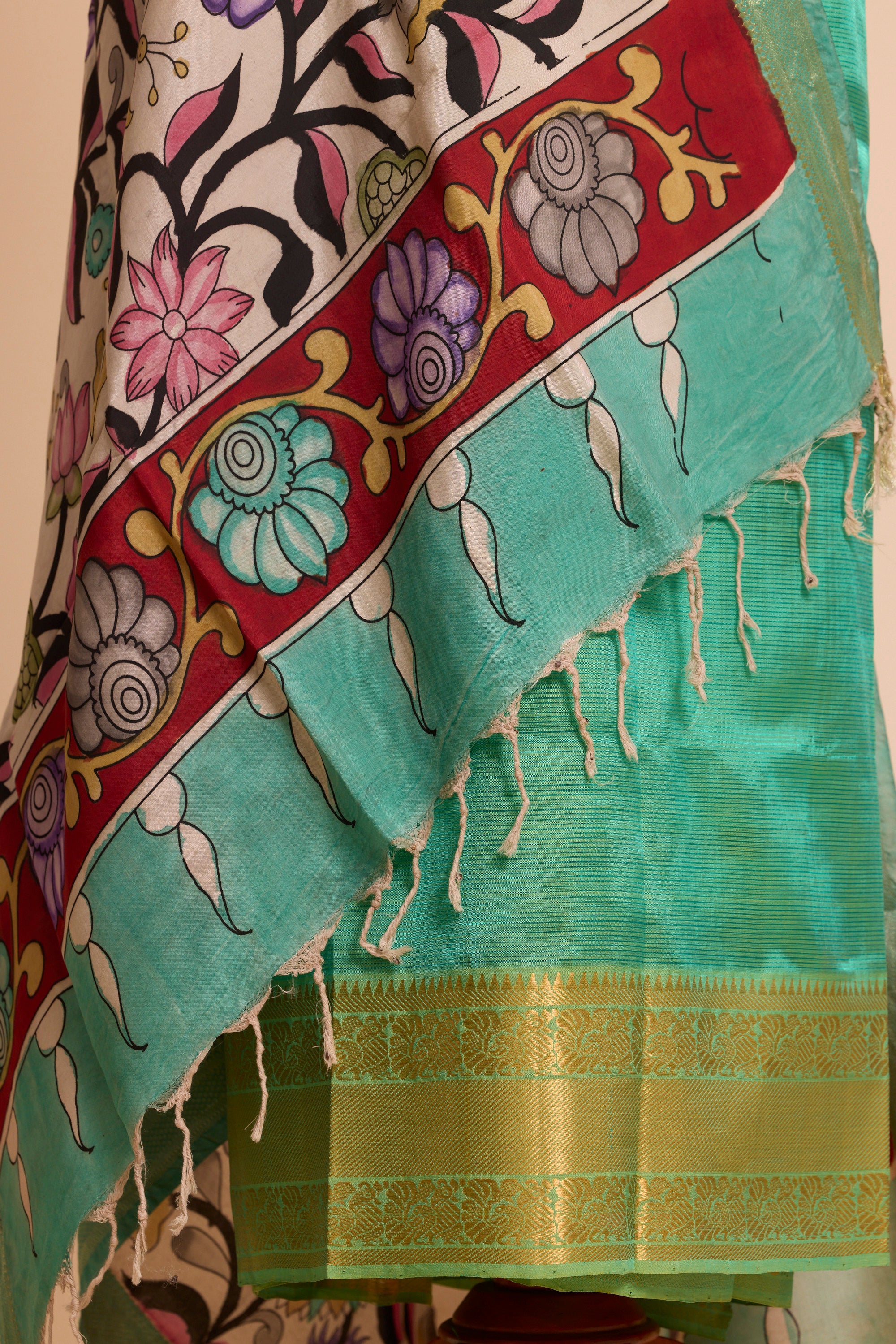 Sea Green Silk Dress Material with Hand Kalamkari Dupatta