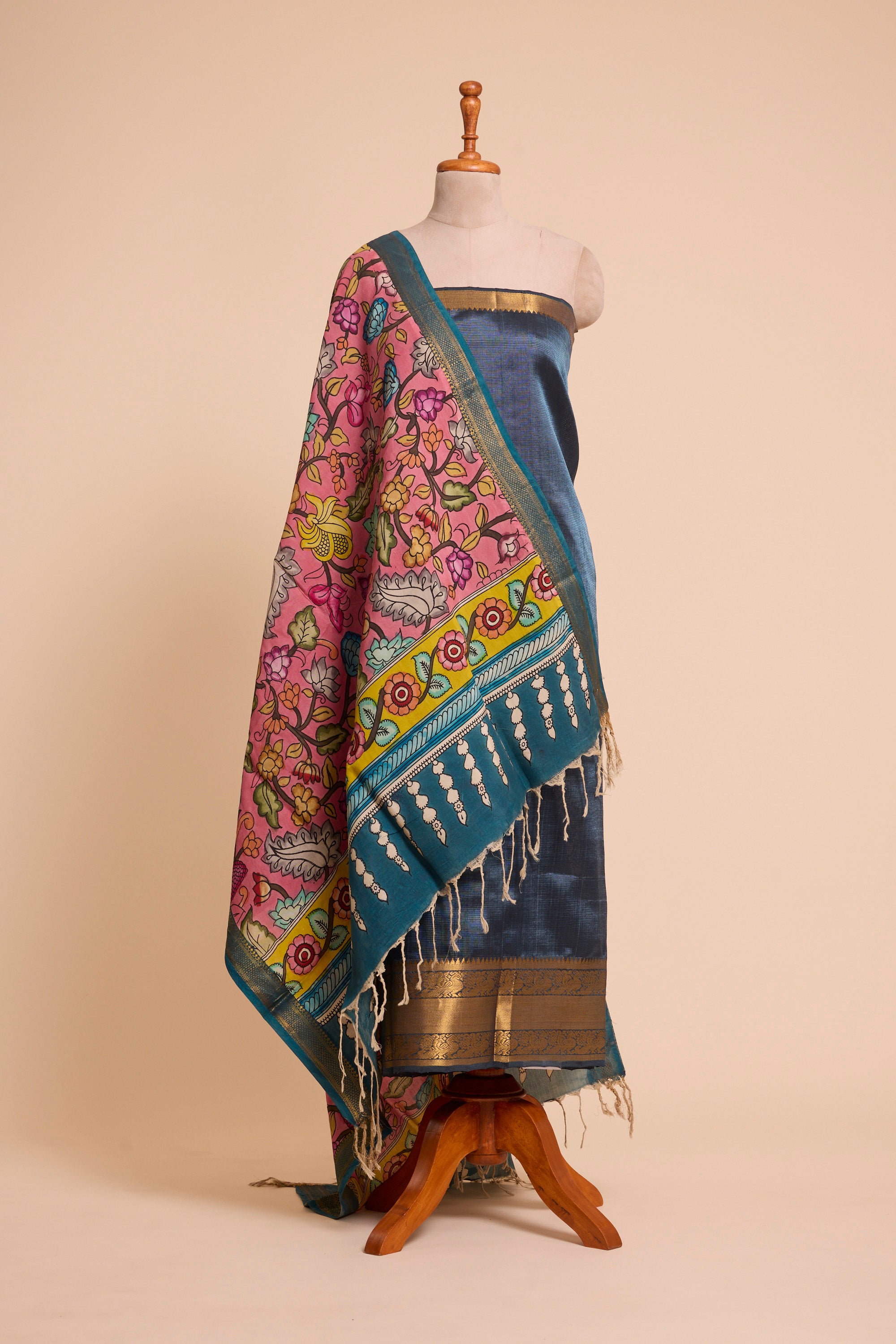 Indigo Blue Dress Material with Hand Kalamkari Dupatta