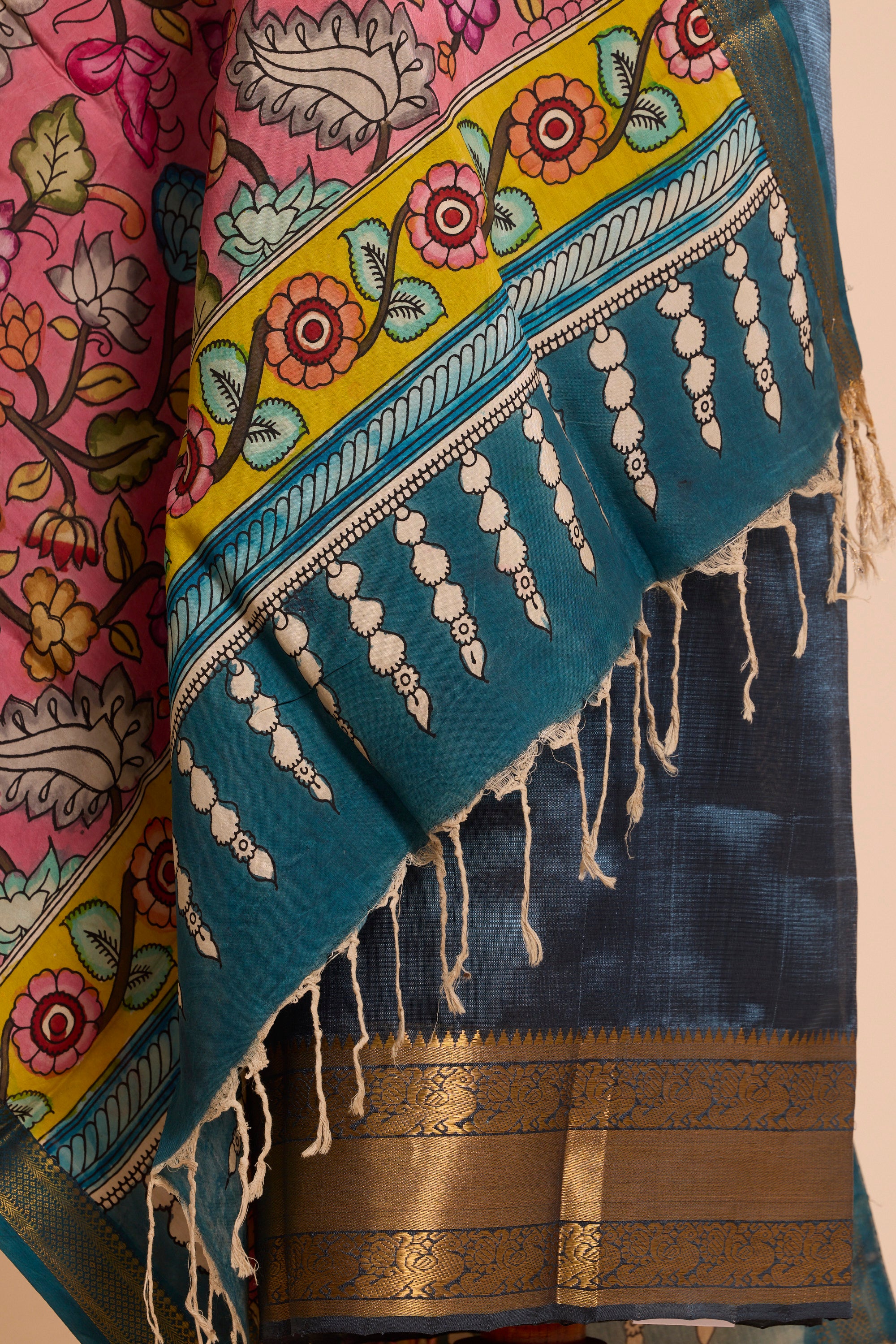 Indigo Blue Dress Material with Hand Kalamkari Dupatta