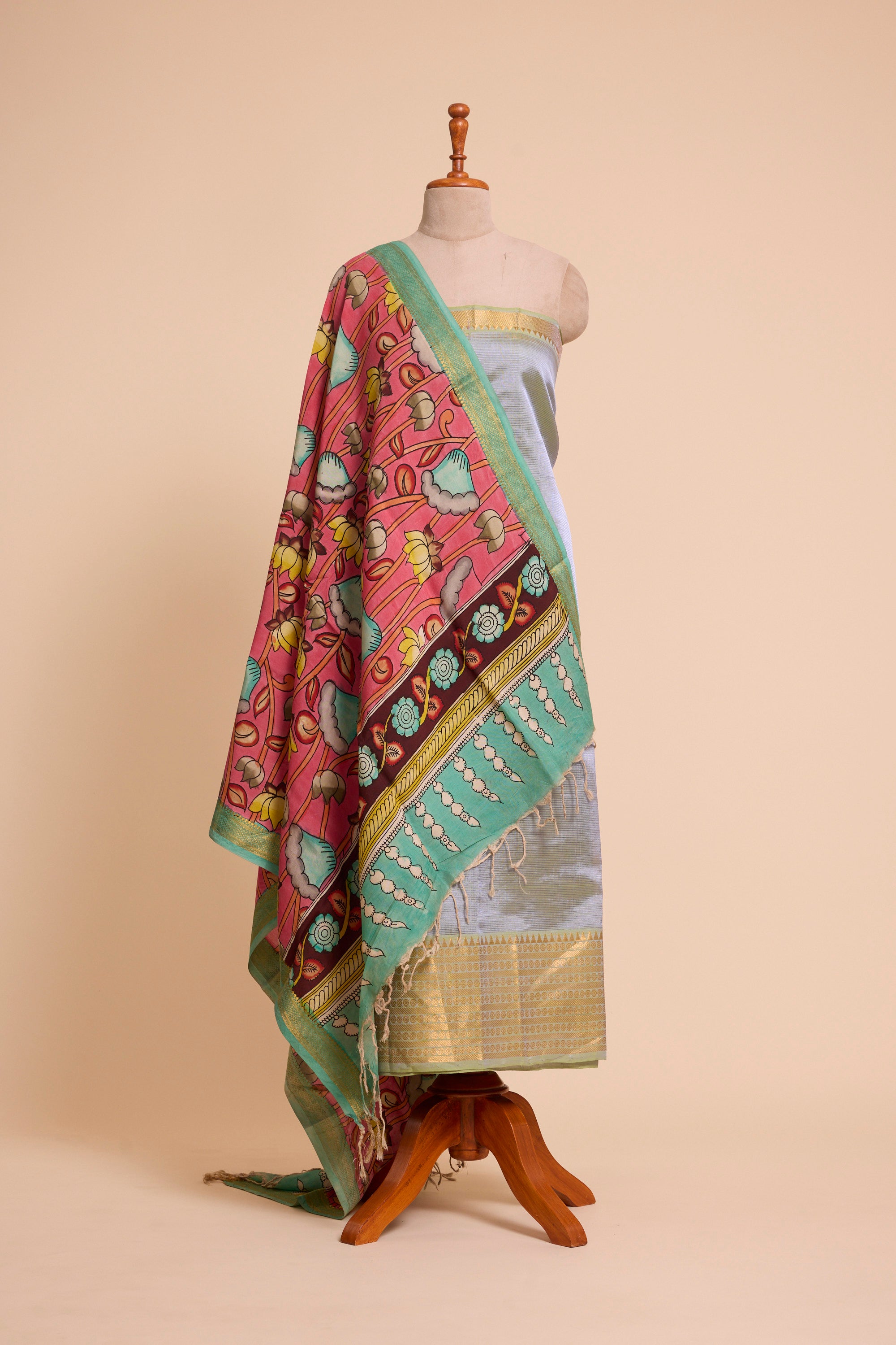 Lavender and Beige Silk Dress Material with Hand Kalamkari Dupatta