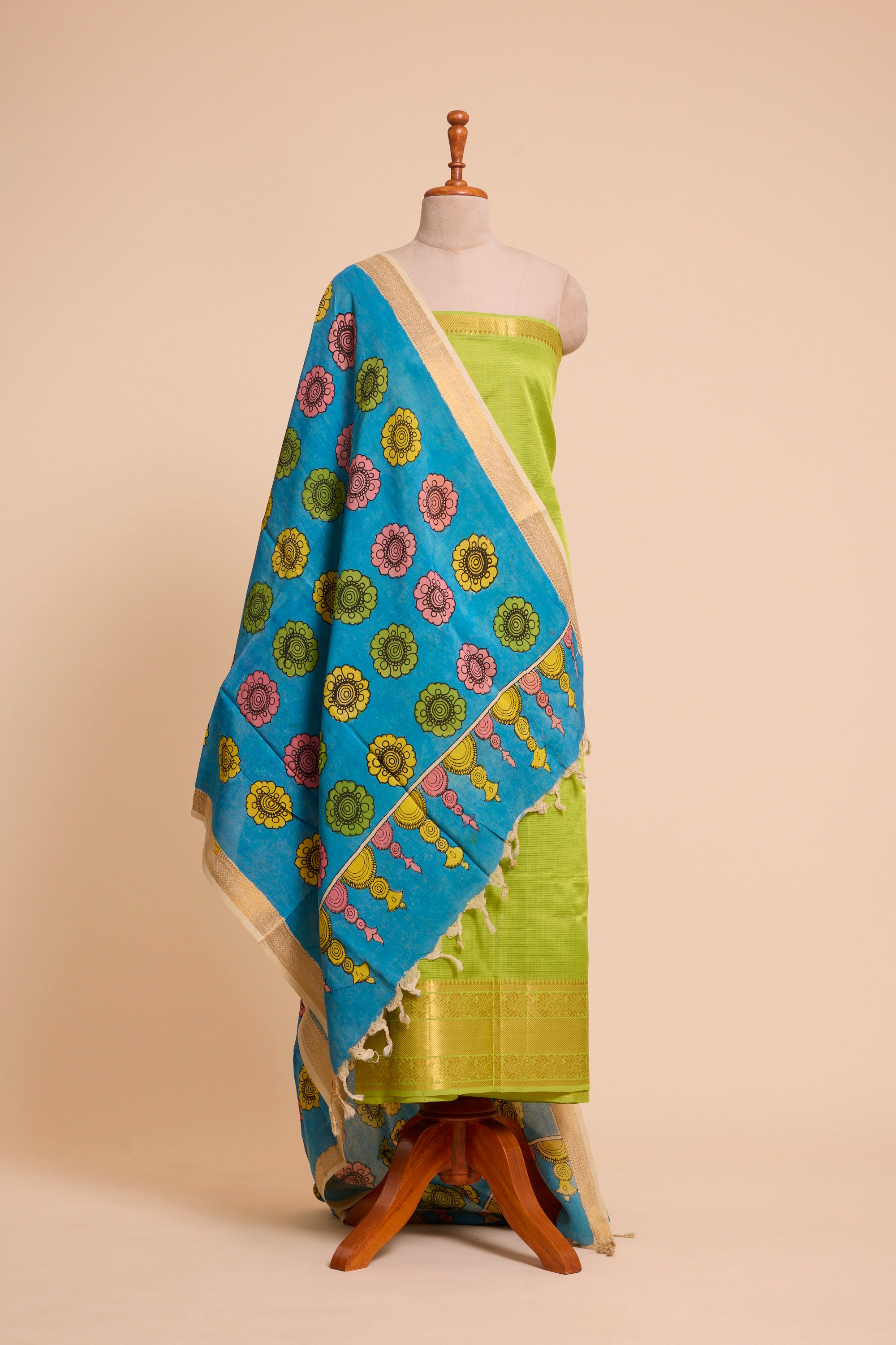 Citron Green Silk Dress Material with Hand Kalamkari Dupatta