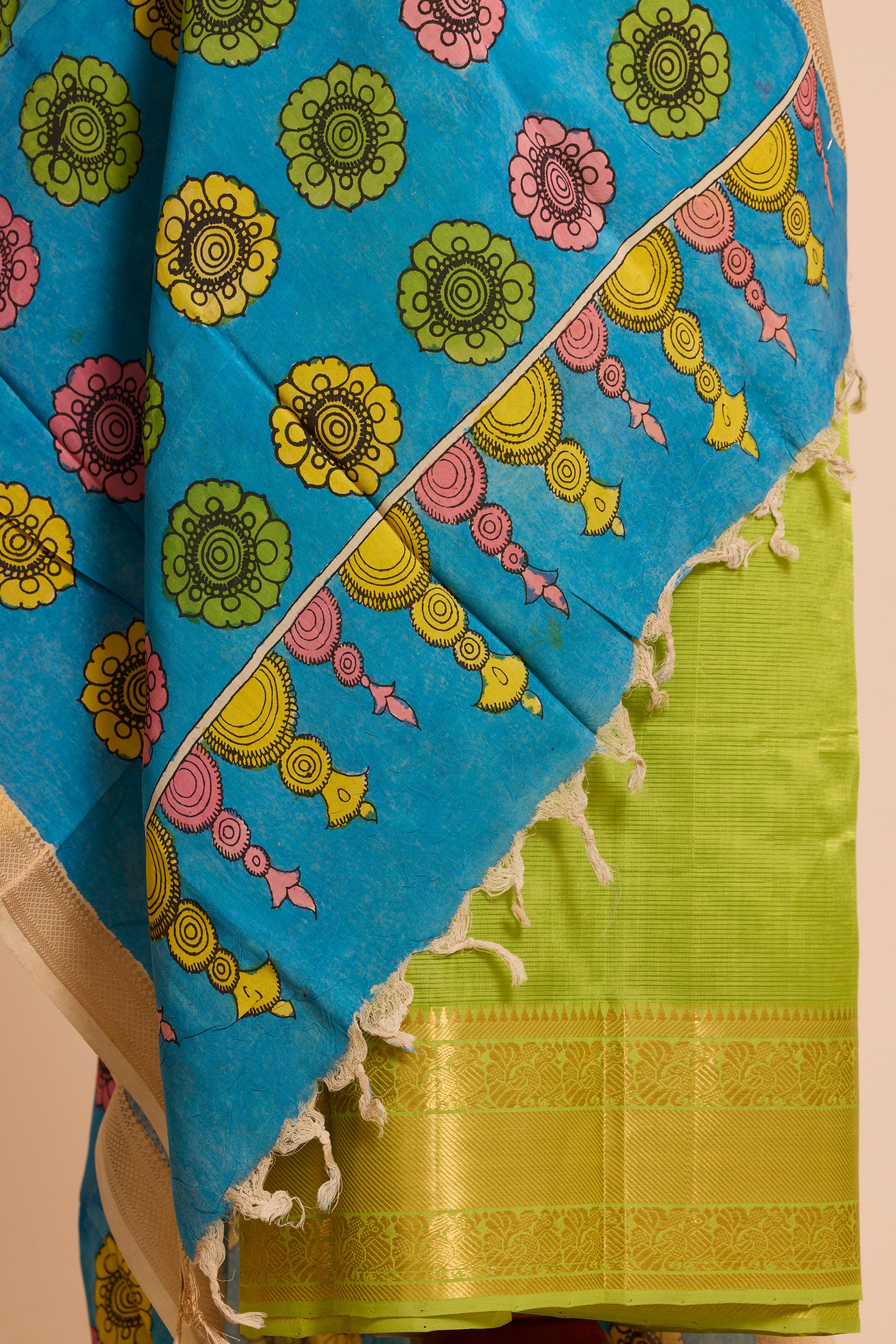 Citron Green Silk Dress Material with Hand Kalamkari Dupatta