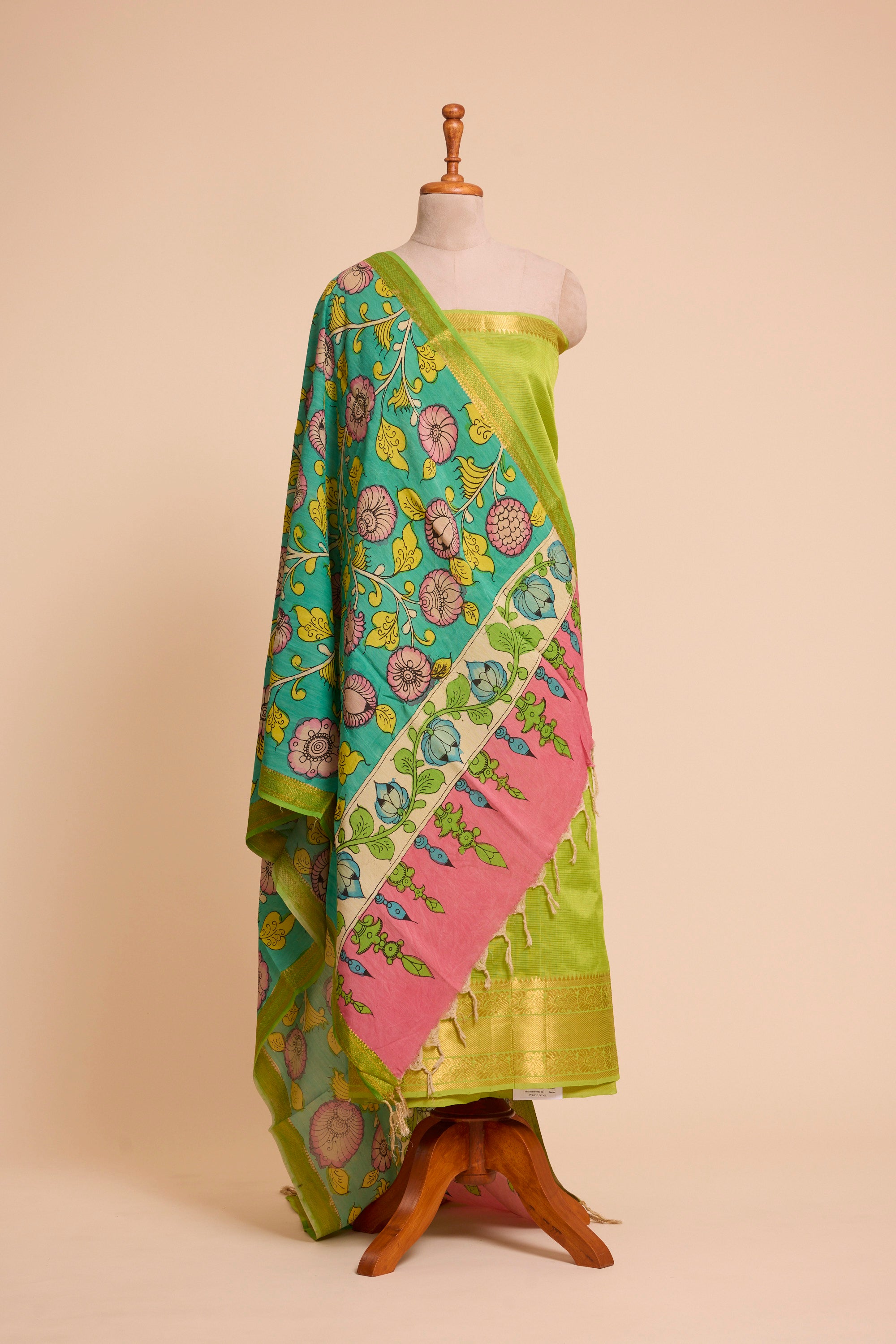 Citron Green Silk Dress Material with Ocean Green Hand Kalamkari Dupatta