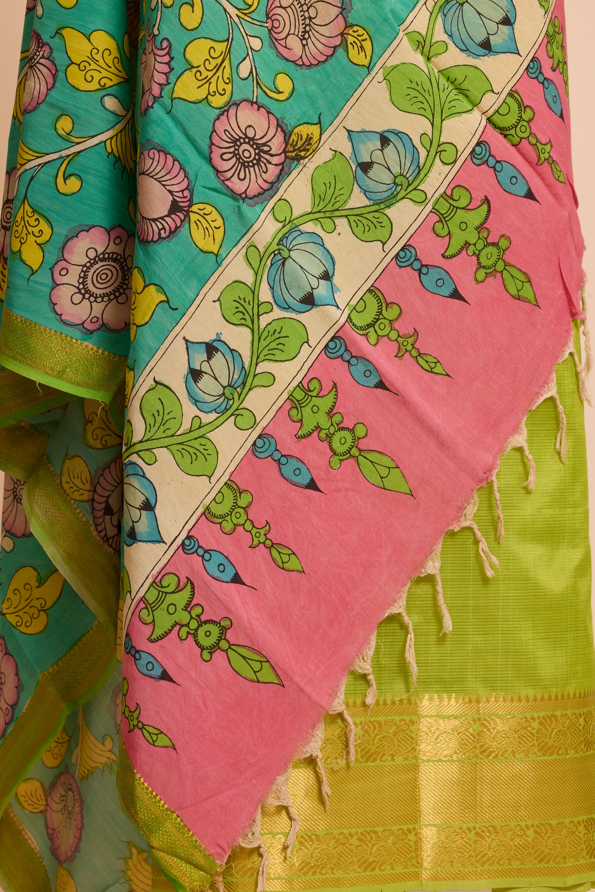 Citron Green Silk Dress Material with Ocean Green Hand Kalamkari Dupatta