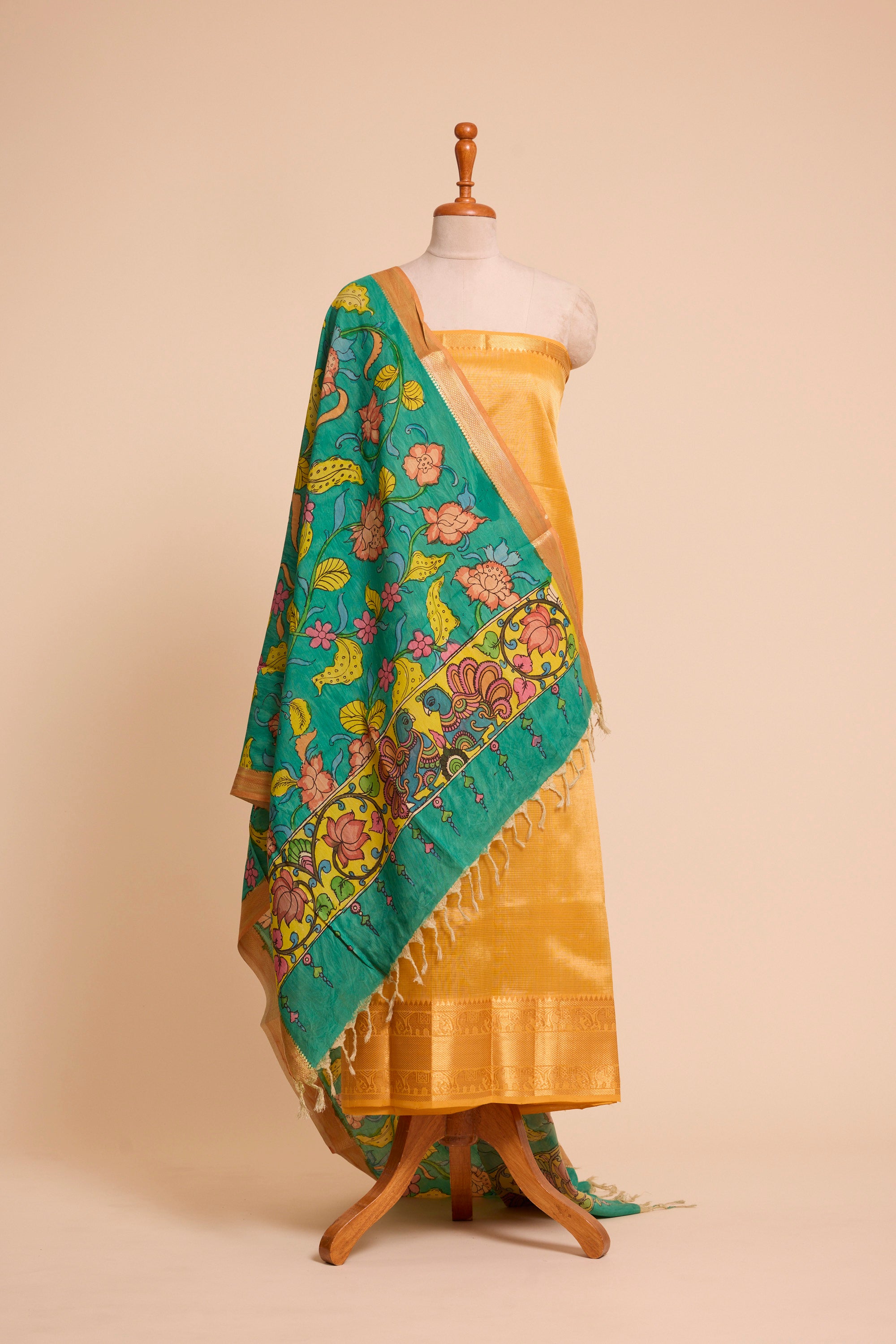 Gold Silk Dress Material with Ocean Green Hand Kalamkari Dupatta