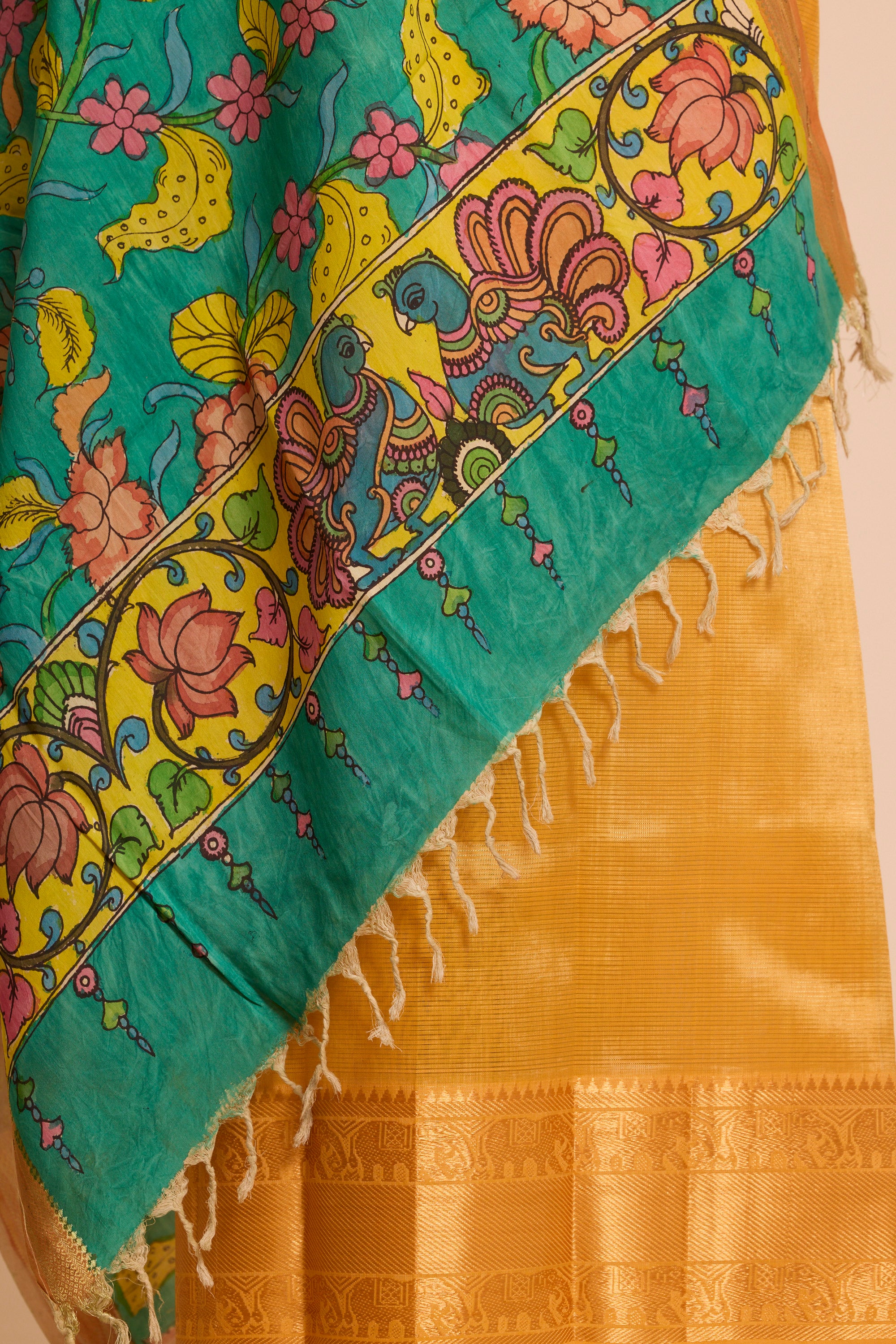 Gold Silk Dress Material with Ocean Green Hand Kalamkari Dupatta