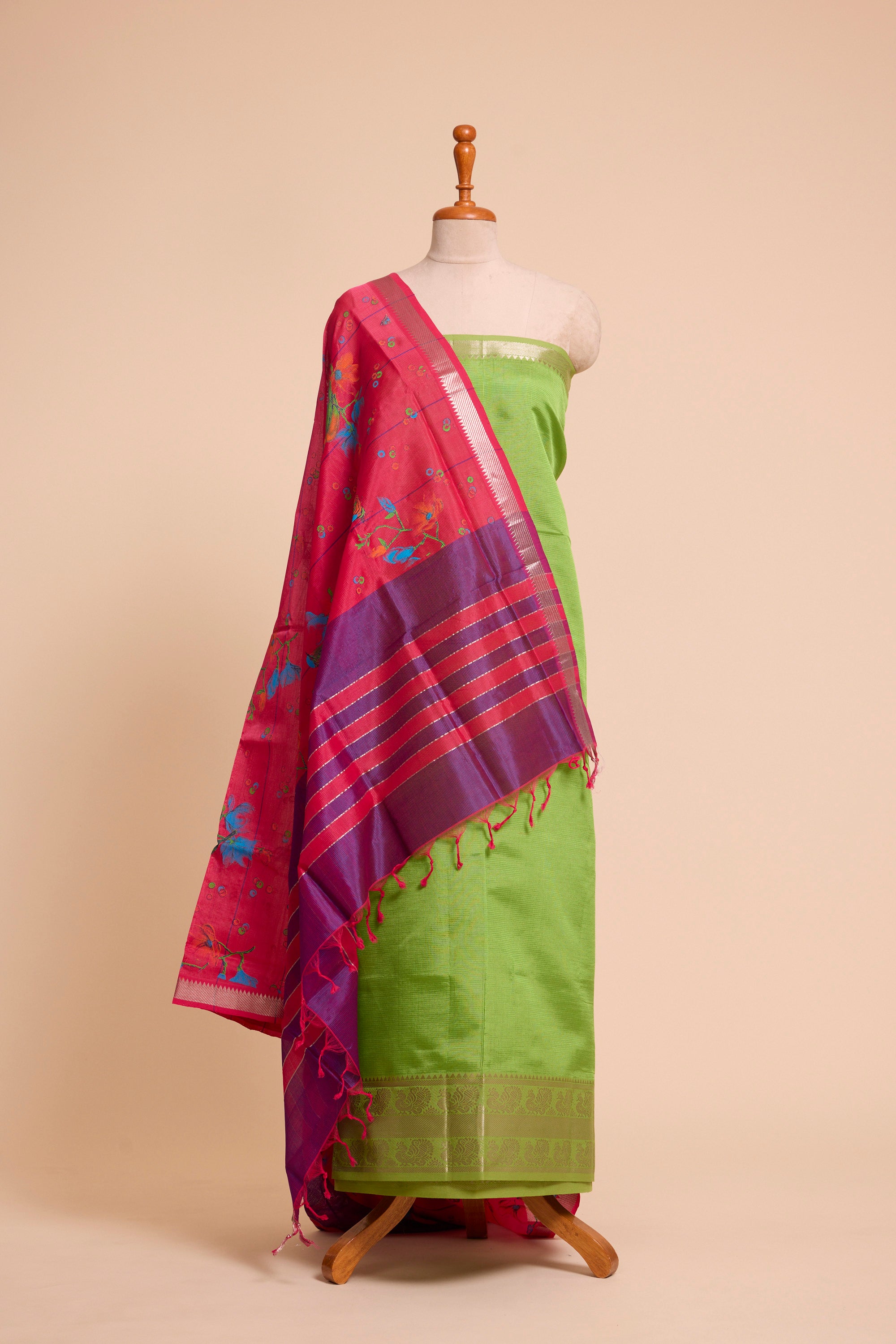 Fresh Green Silk-Cotton Unstitched Dress Material with Duppatta