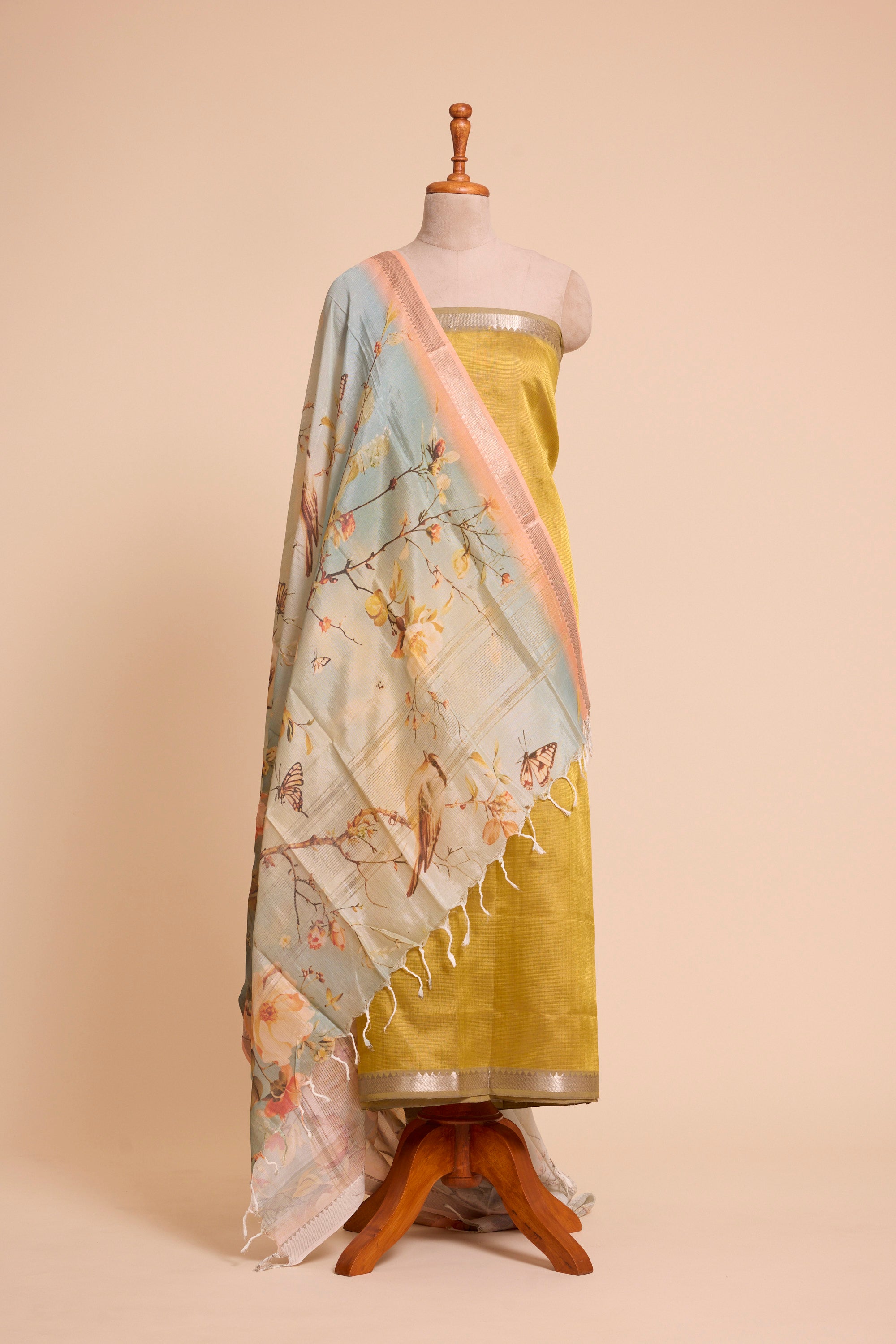 Mustard Yellow Silk-Cotton Unstitched Dress Material with Duppatta