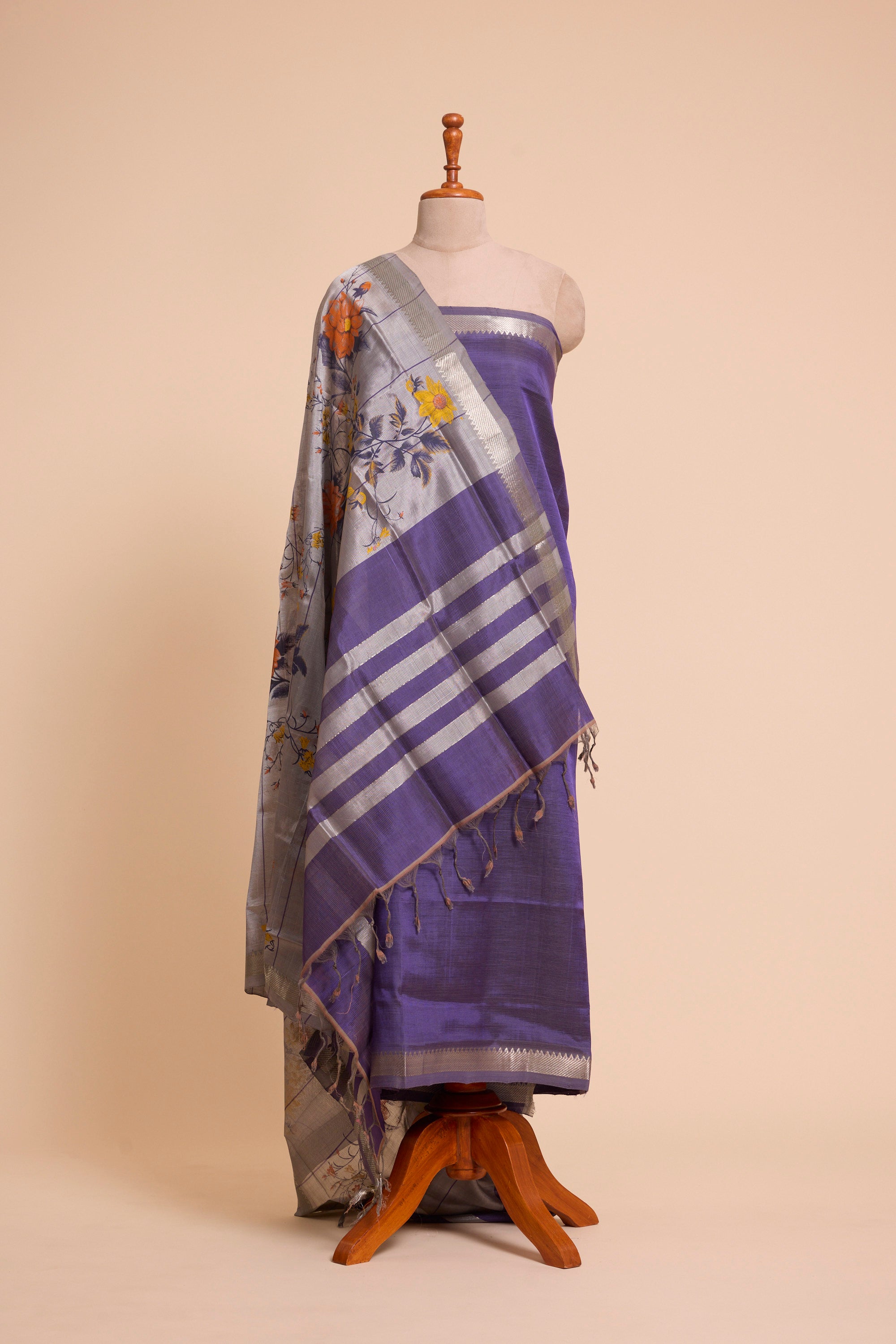 Violet & Silver Silk-Cotton Unstitched Dress Material with Duppatta