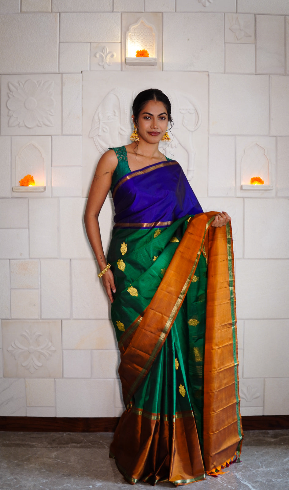 Handwoven Kanchi Silk Saree - Tri Colour
