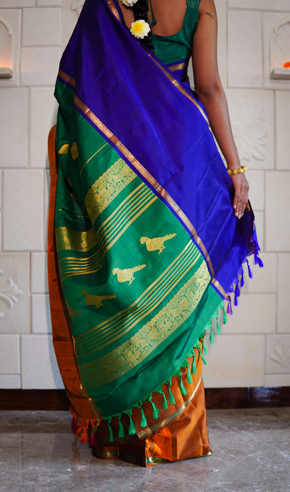 Handwoven Kanchi Silk Saree - Tri Colour