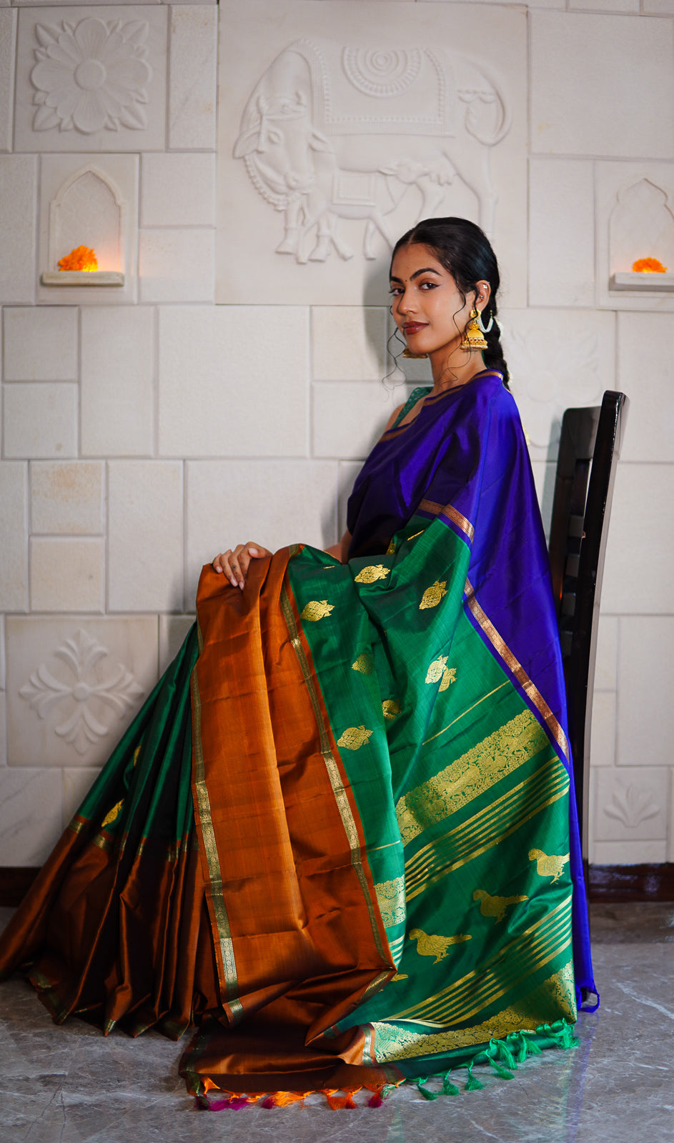 Handwoven Kanchi Silk Saree - Tri Colour