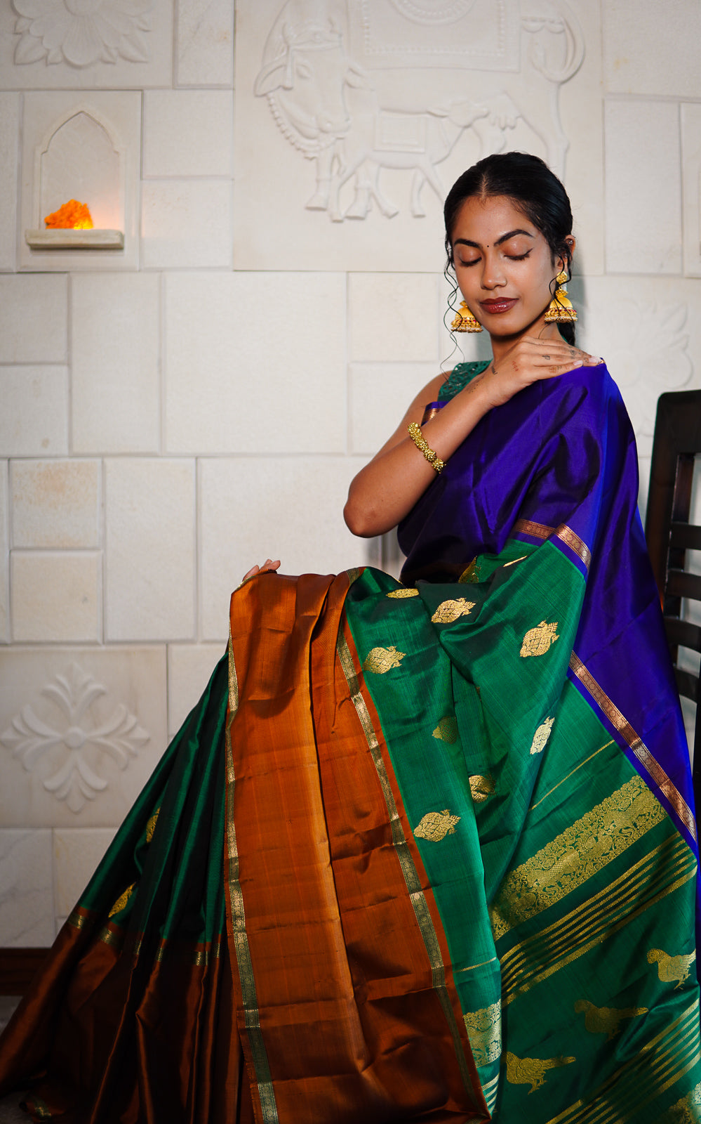 Handwoven Kanchi Silk Saree - Tri Colour