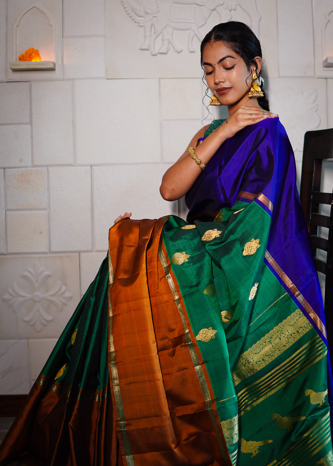 Handwoven Kanchi Silk Saree - Tri Colour