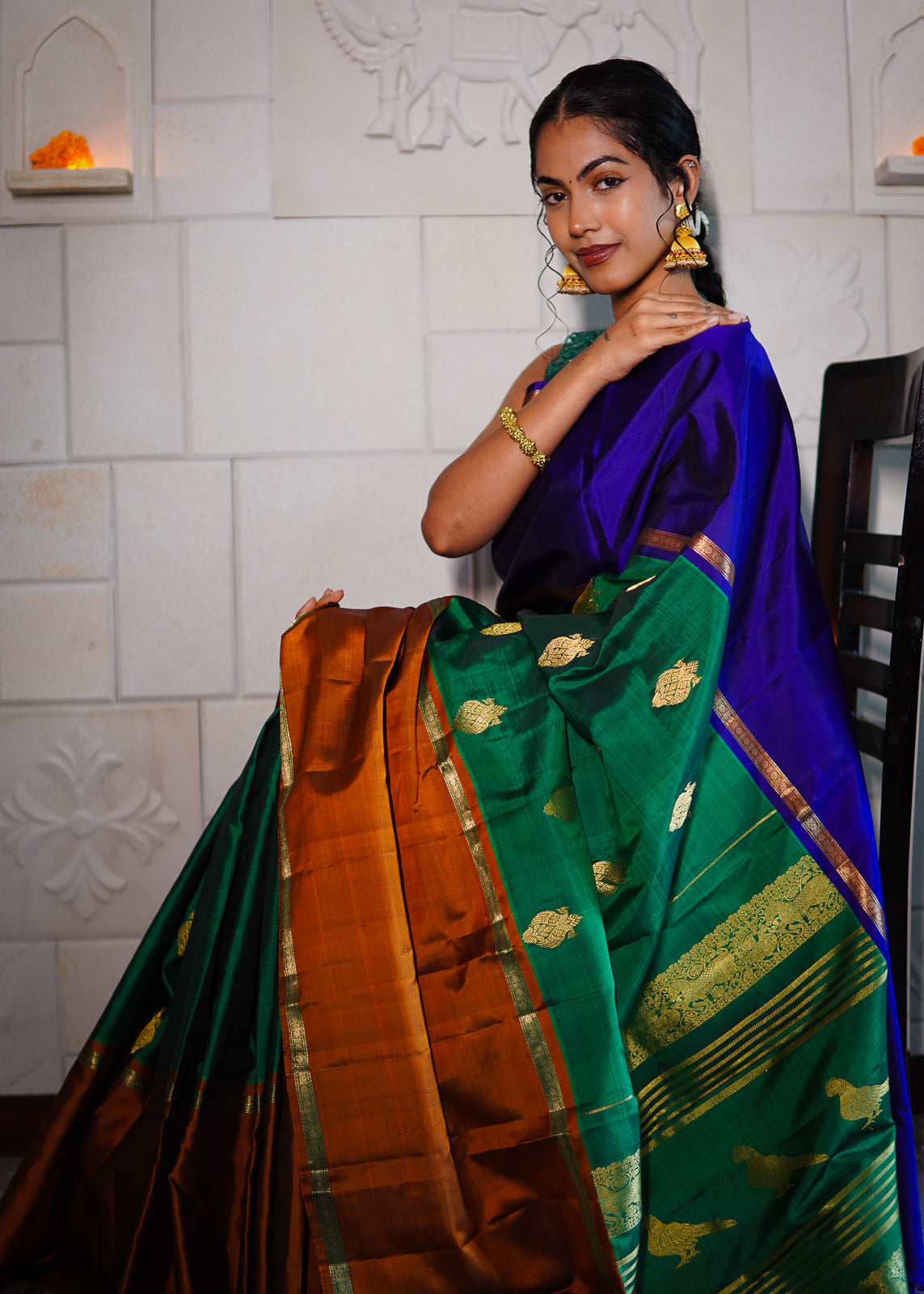 Handwoven Kanchi Silk Saree - Tri Colour