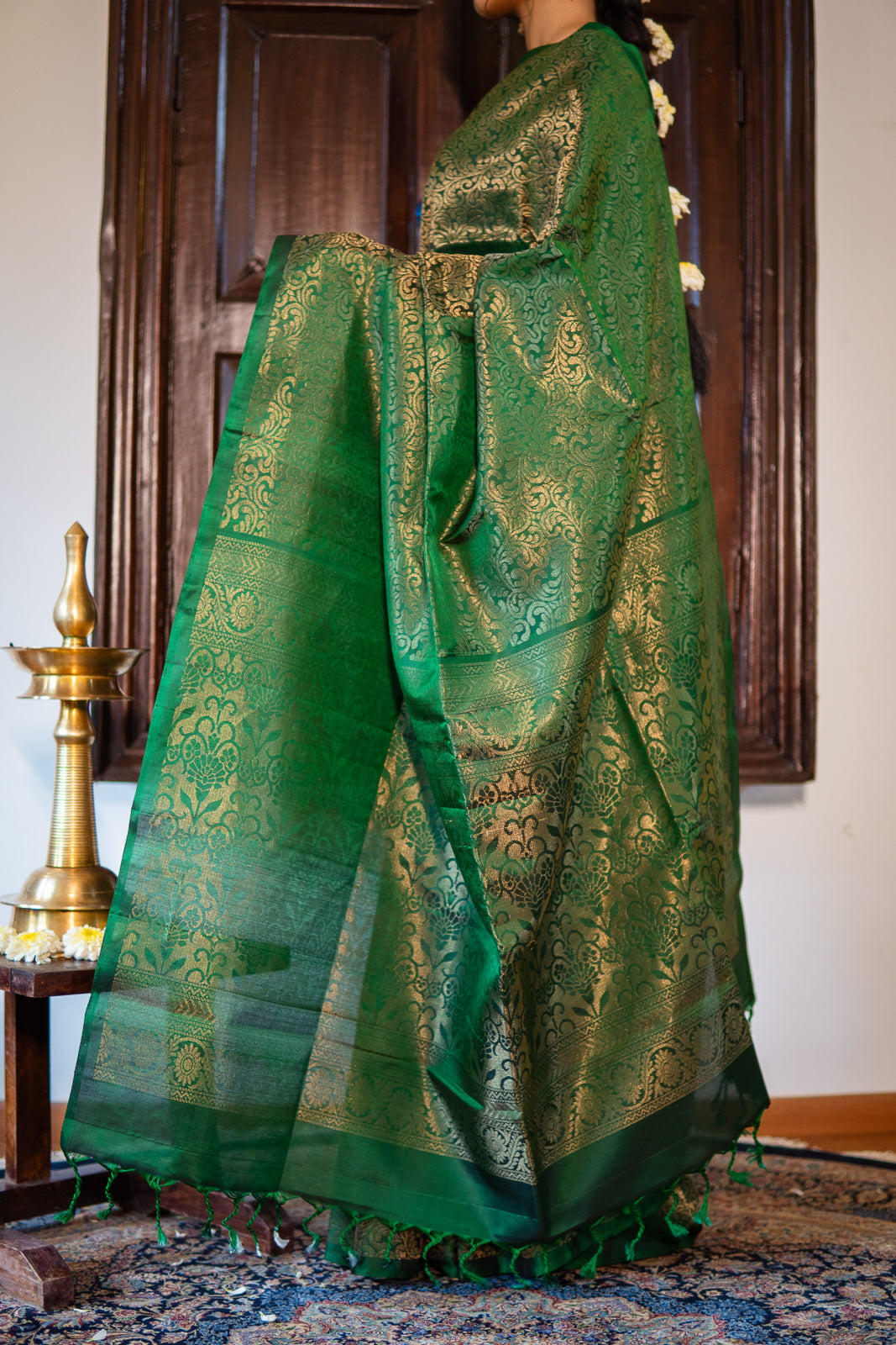 Handloom Silk Saree – Bottle Green with Silver Zari Brocade