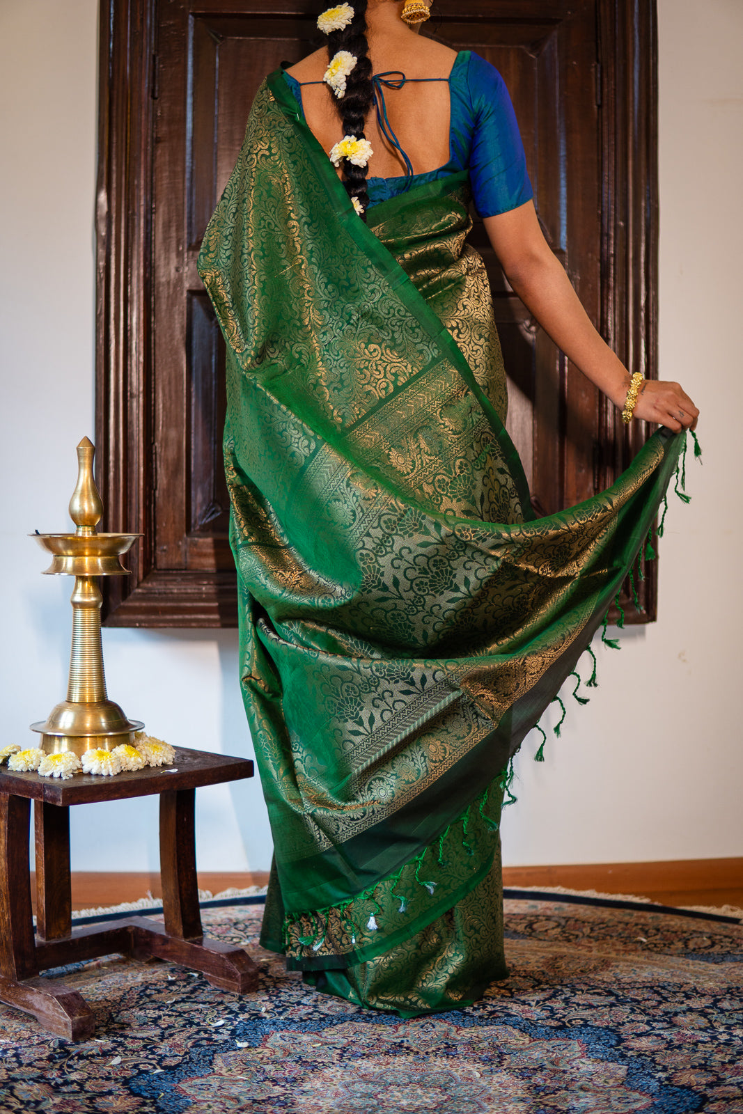 Handloom Silk Saree – Bottle Green with Silver Zari Brocade
