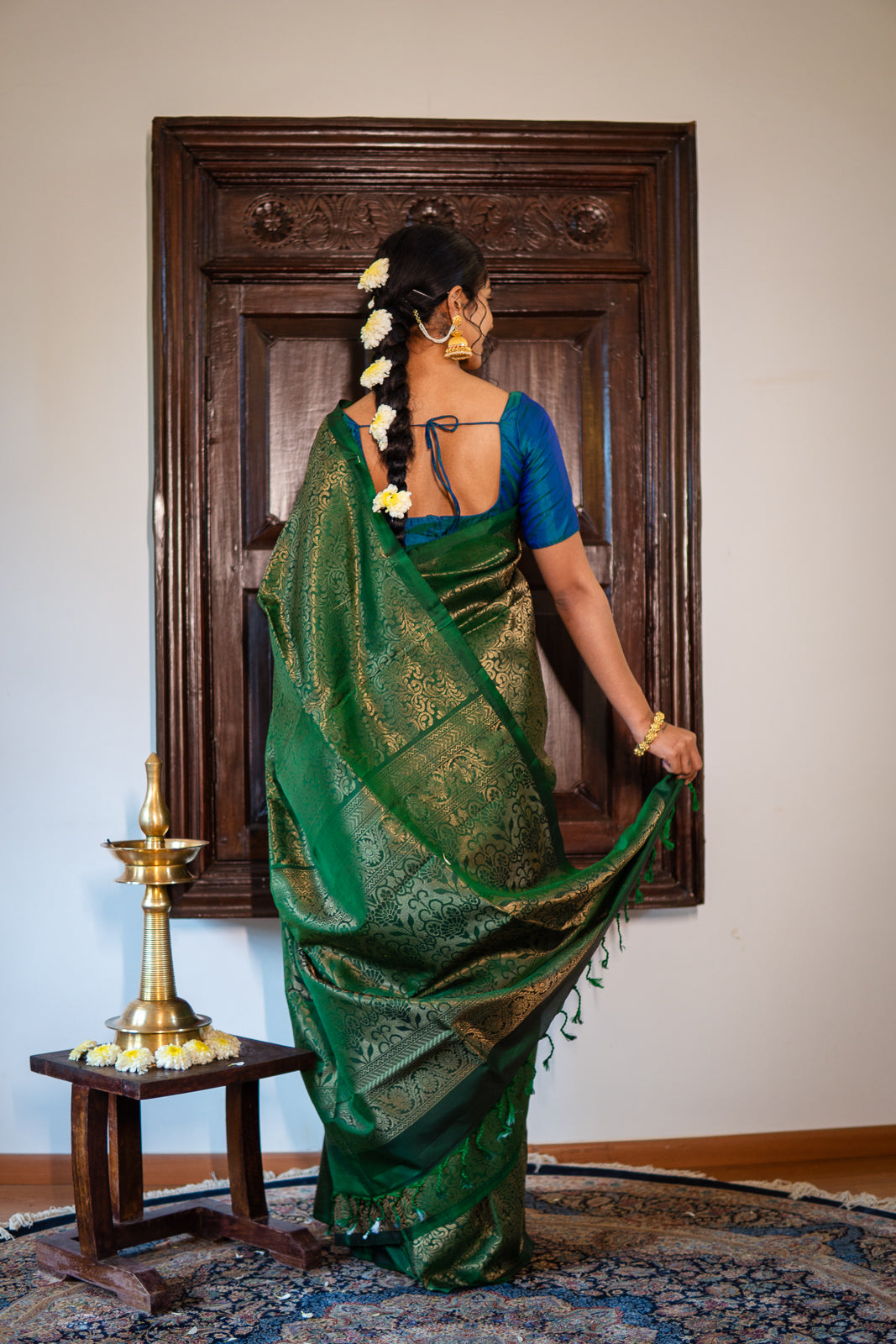 Handloom Silk Saree – Bottle Green with Silver Zari Brocade