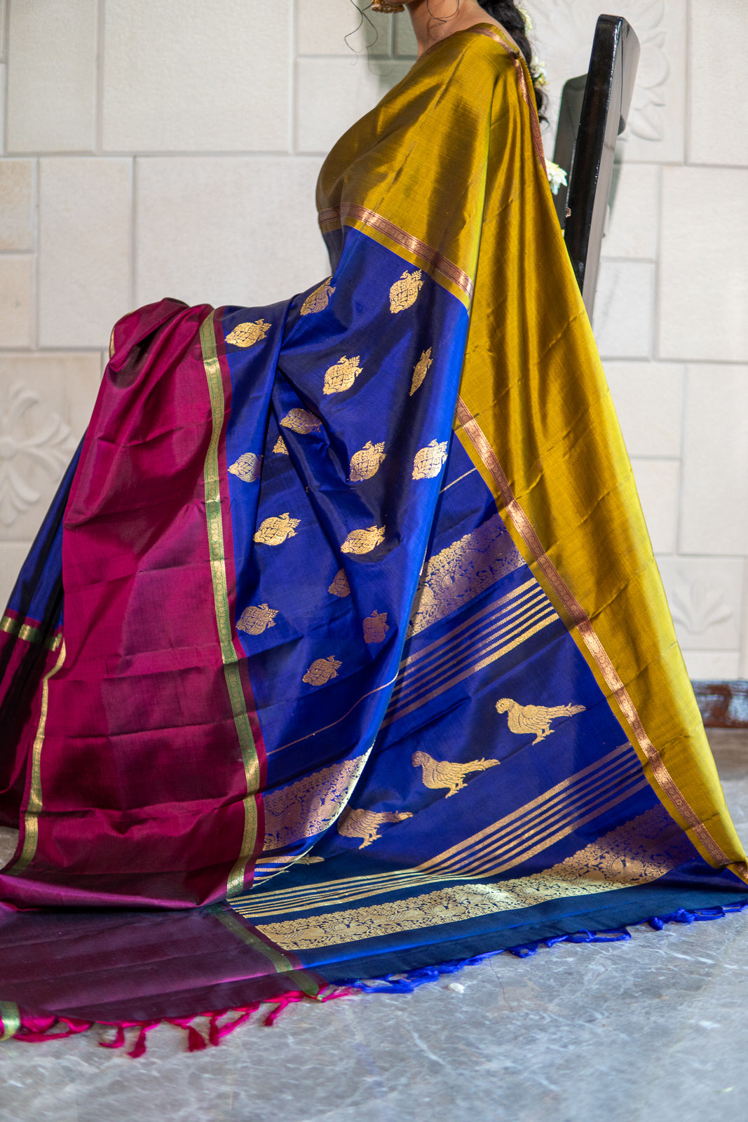 Handwoven Kanchi Silk Saree - Tri Colour