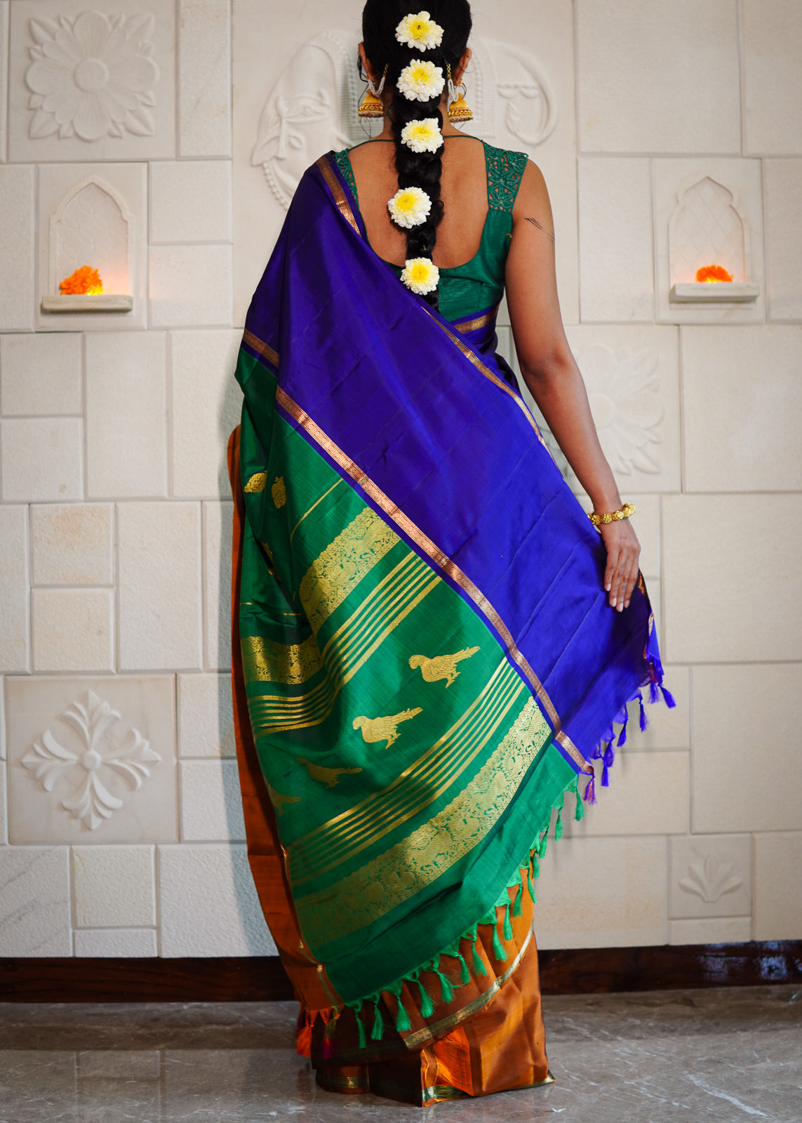 Handwoven Kanchi Silk Saree - Tri Colour